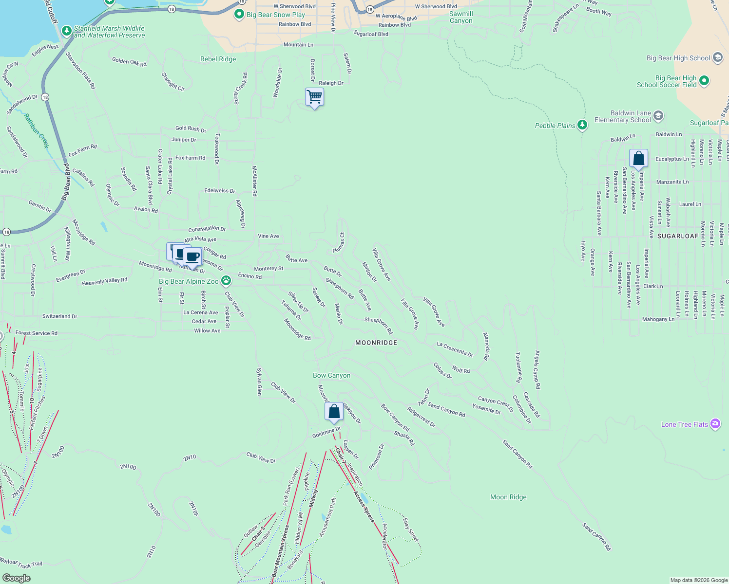 map of restaurants, bars, coffee shops, grocery stores, and more near 694 Butte Avenue in Big Bear