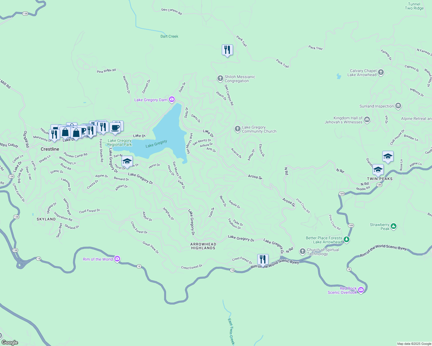 map of restaurants, bars, coffee shops, grocery stores, and more near 24848 Matterhorn Court in Crestline