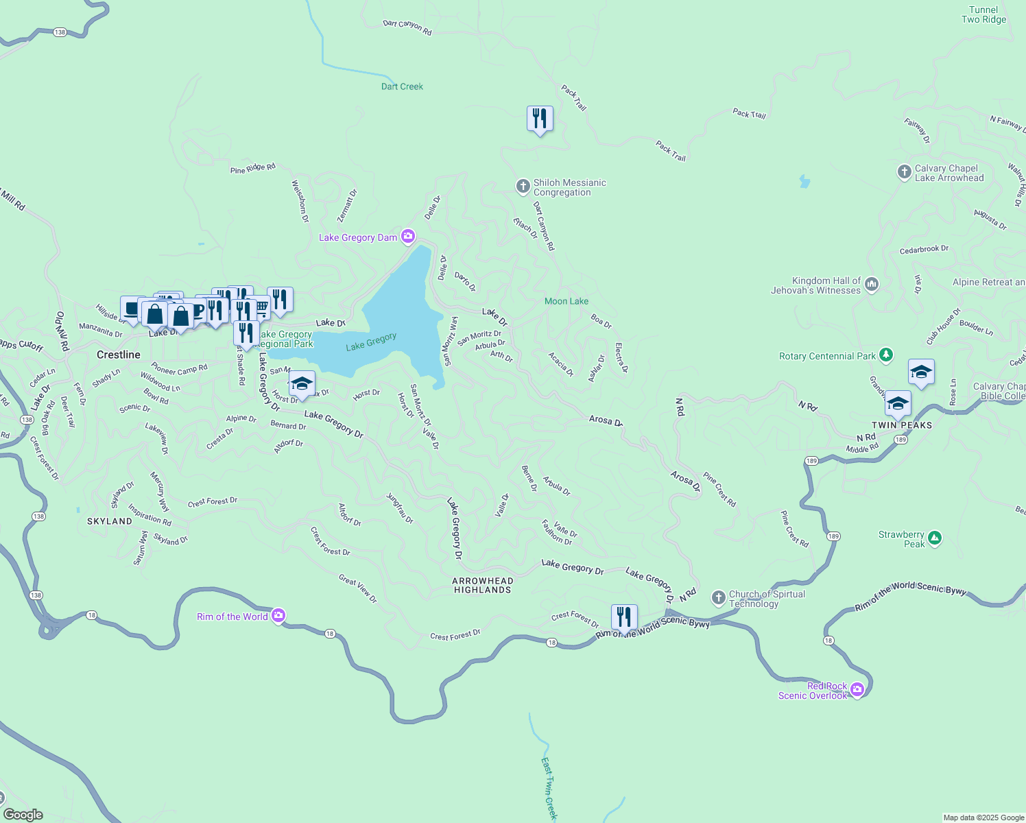 map of restaurants, bars, coffee shops, grocery stores, and more near 24848 Matterhorn Court in Crestline