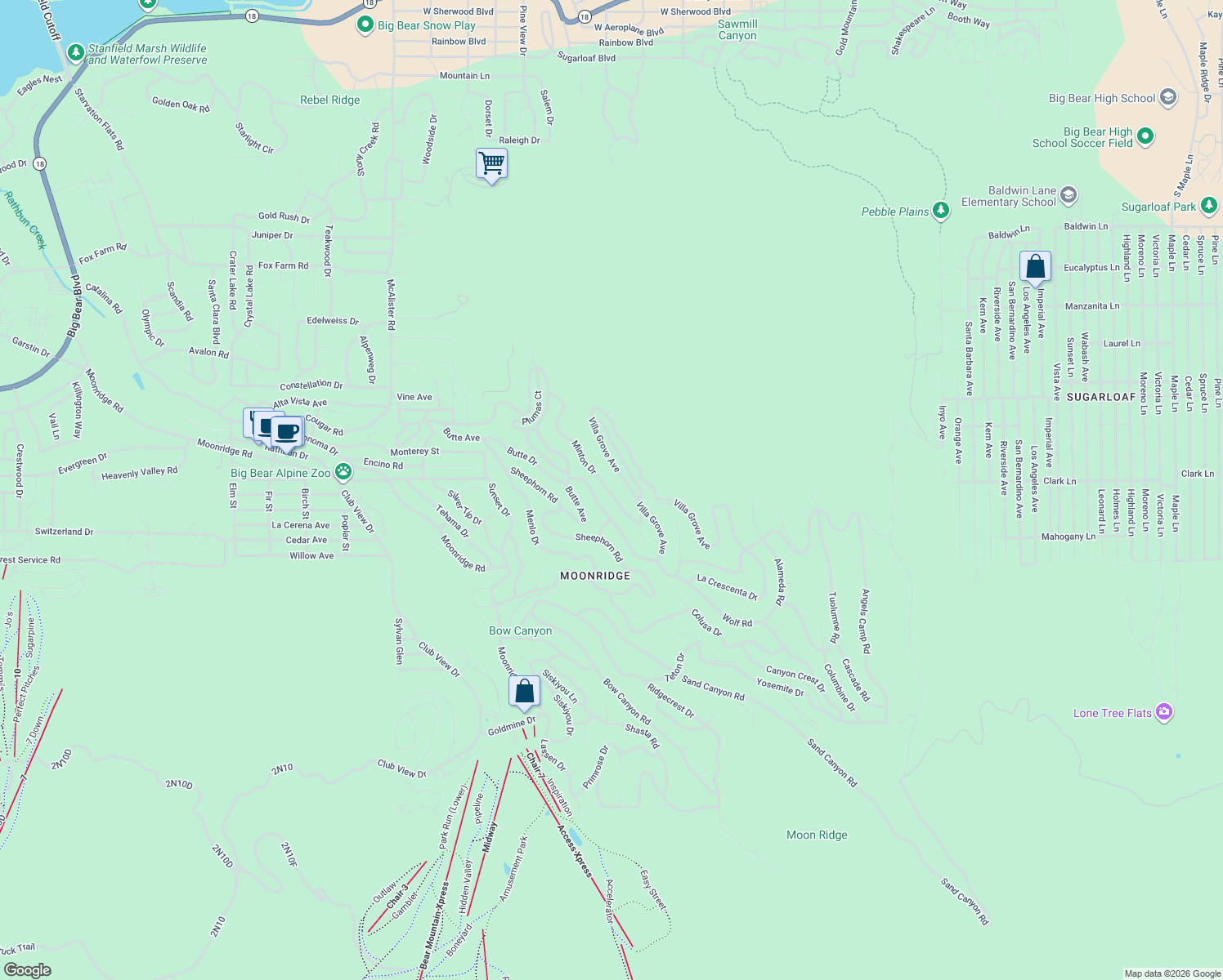 map of restaurants, bars, coffee shops, grocery stores, and more near 1248 Minton Avenue in Big Bear