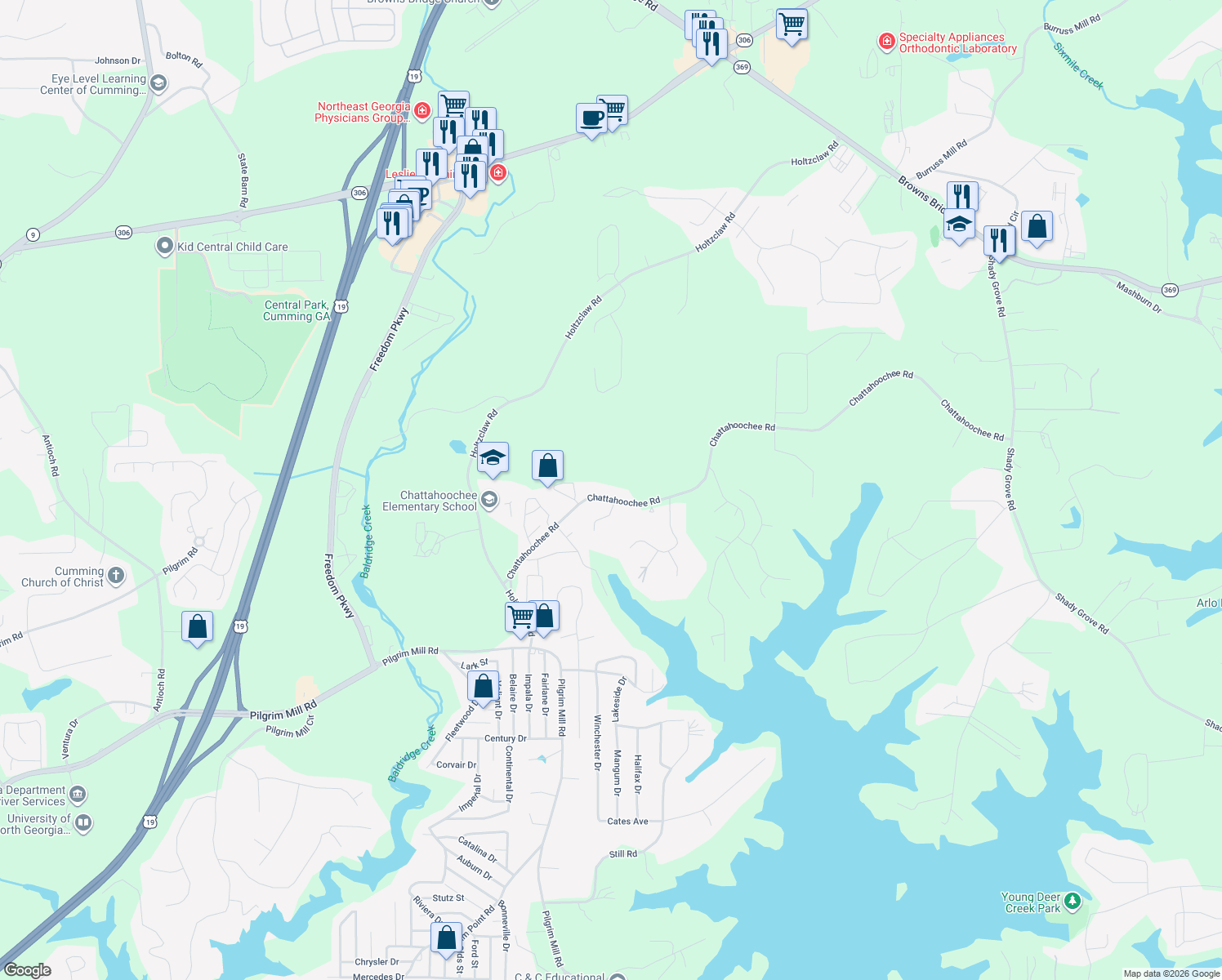 map of restaurants, bars, coffee shops, grocery stores, and more near 3295 Chattahoochee Rd in Cumming