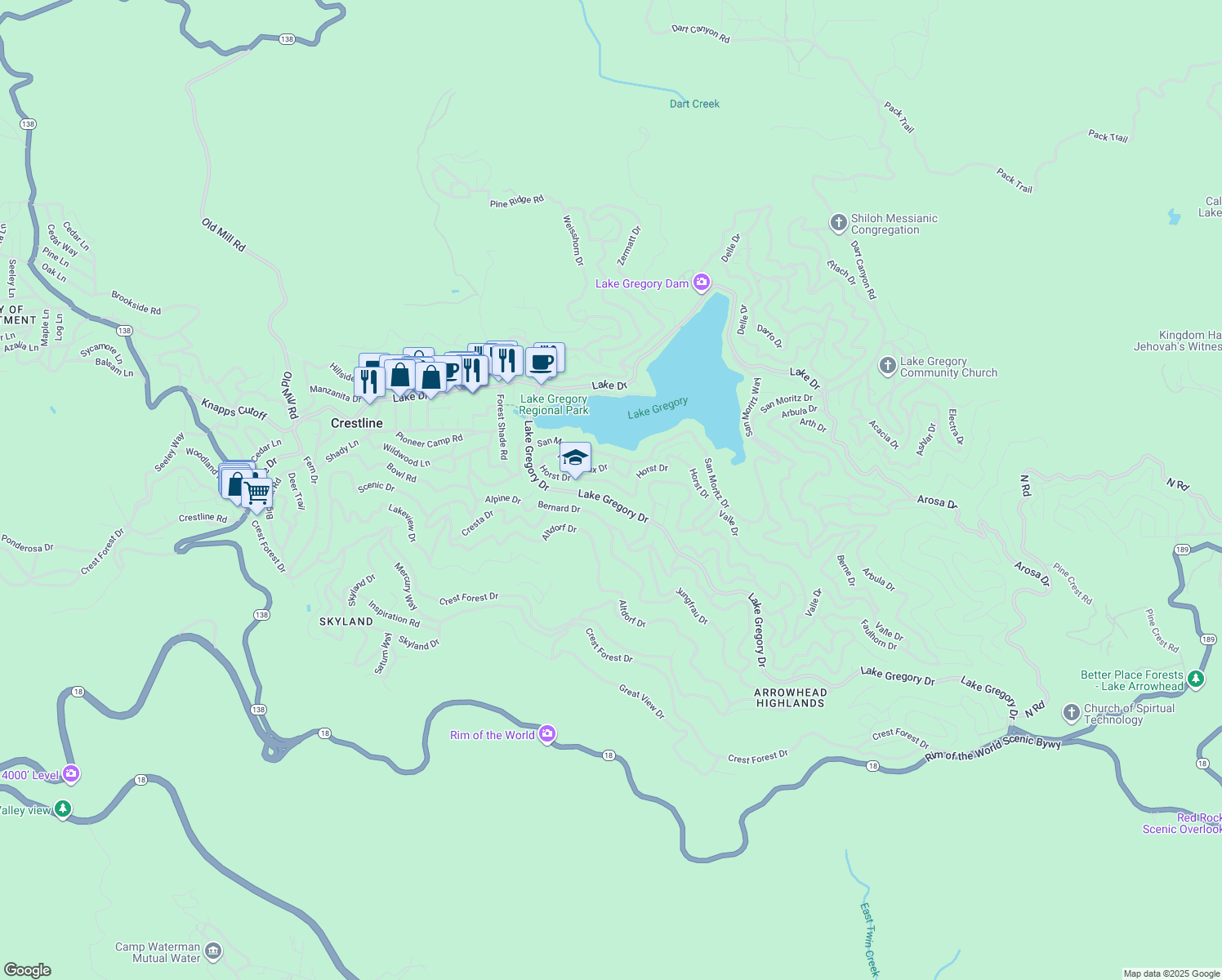 map of restaurants, bars, coffee shops, grocery stores, and more near 24333 Horst Drive in Crestline