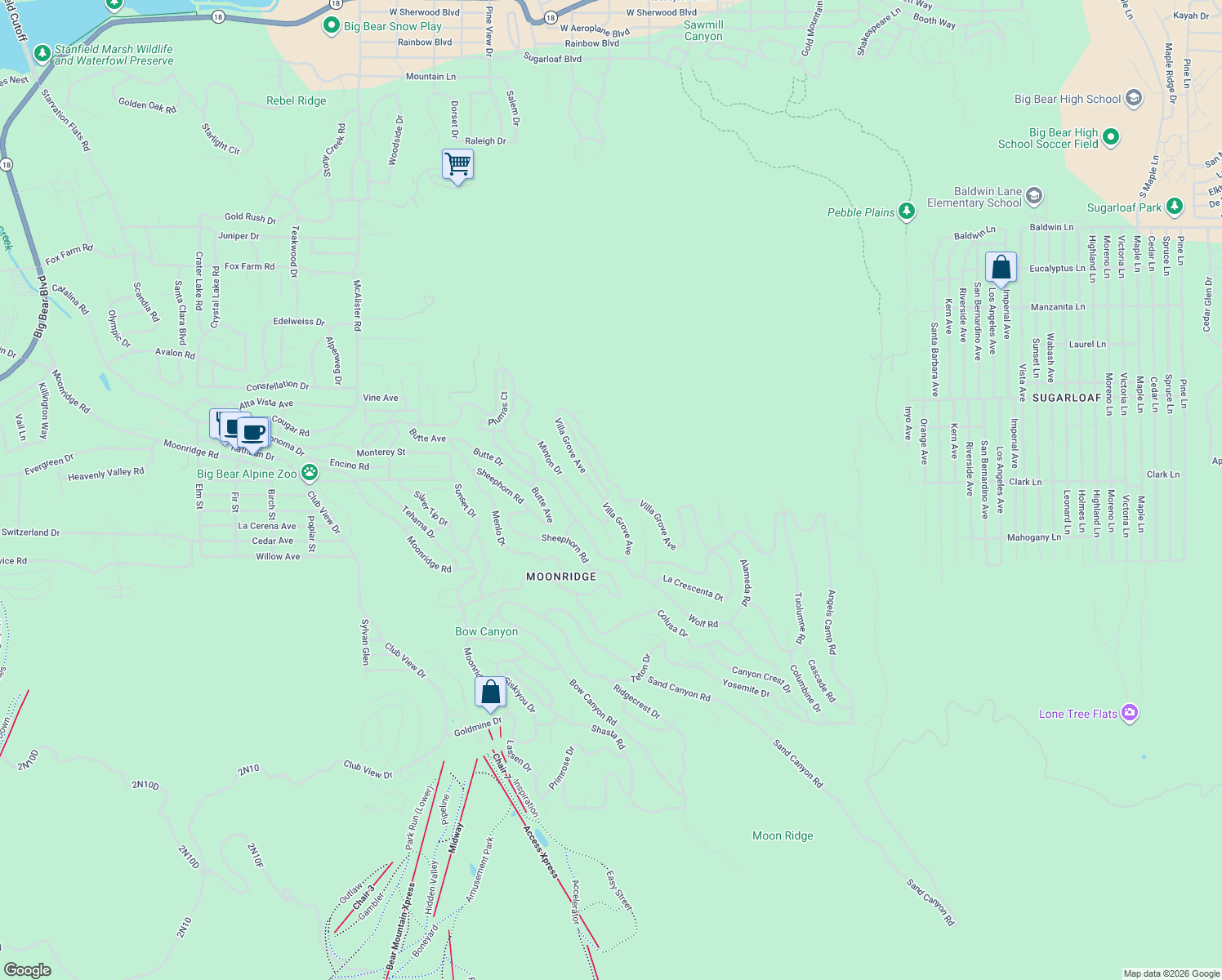 map of restaurants, bars, coffee shops, grocery stores, and more near 507 Alley Way in Big Bear