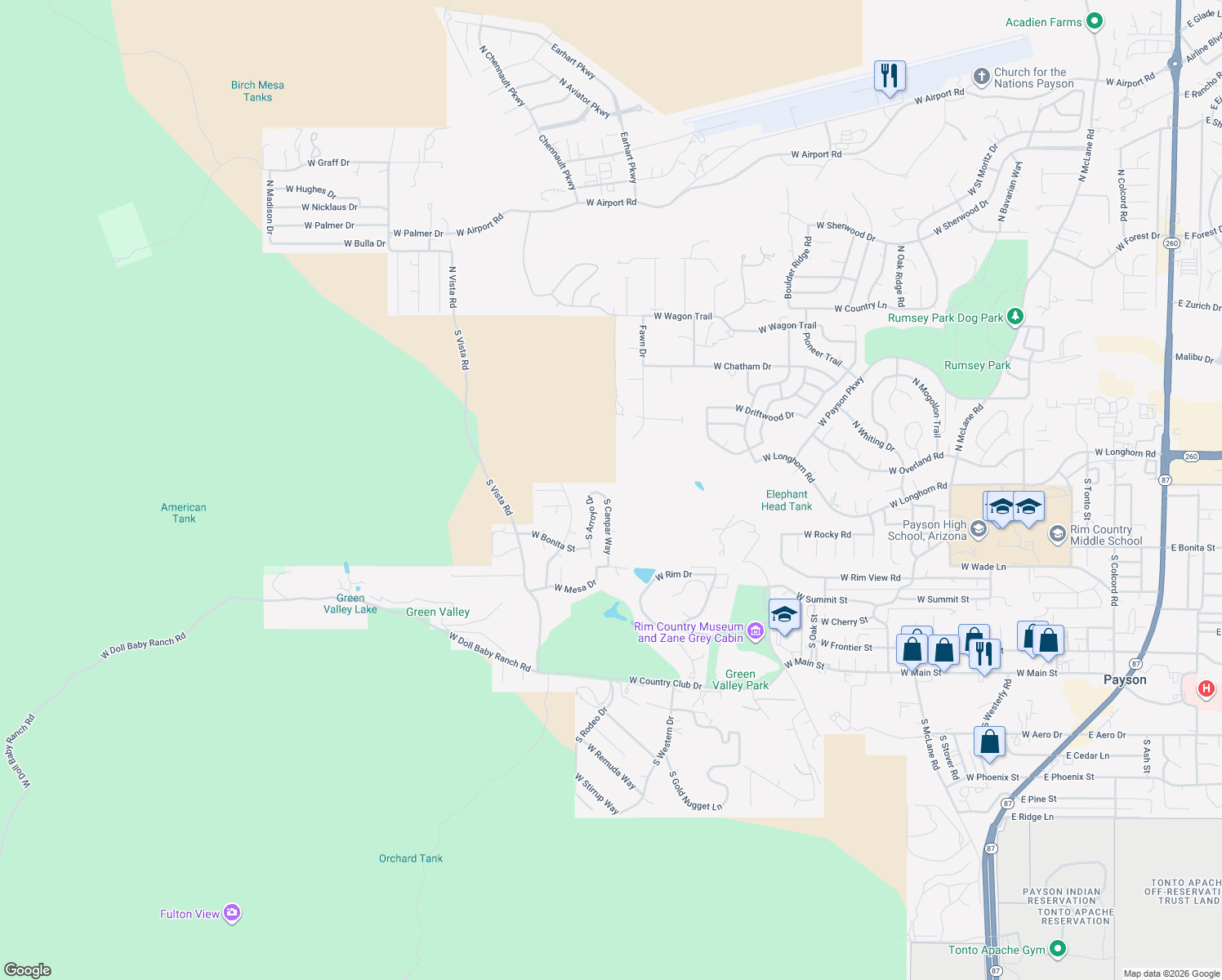 map of restaurants, bars, coffee shops, grocery stores, and more near 205 South Canpar Way in Payson
