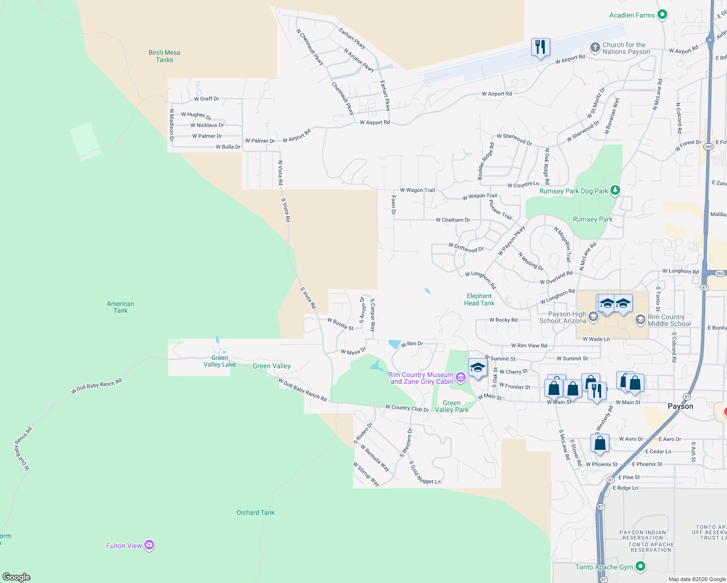 map of restaurants, bars, coffee shops, grocery stores, and more near 205 South Canpar Way in Payson