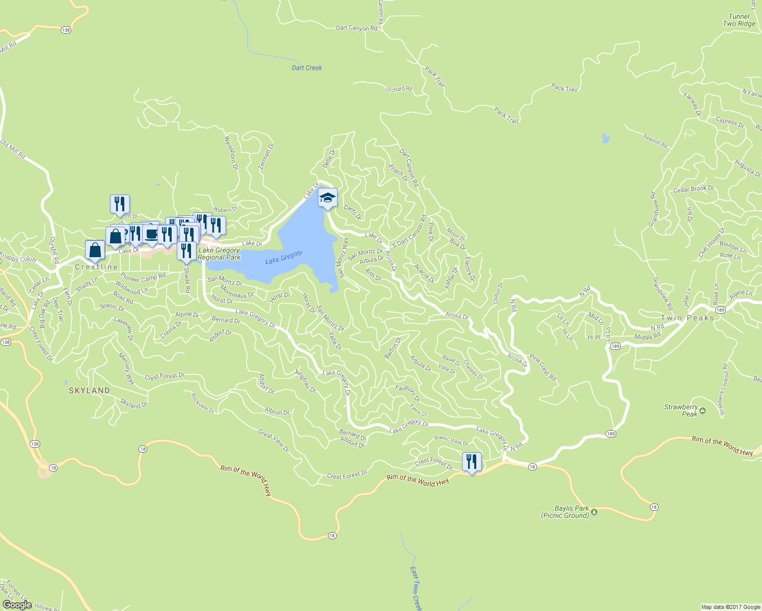 map of restaurants, bars, coffee shops, grocery stores, and more near 781 Arbula Drive in Crestline