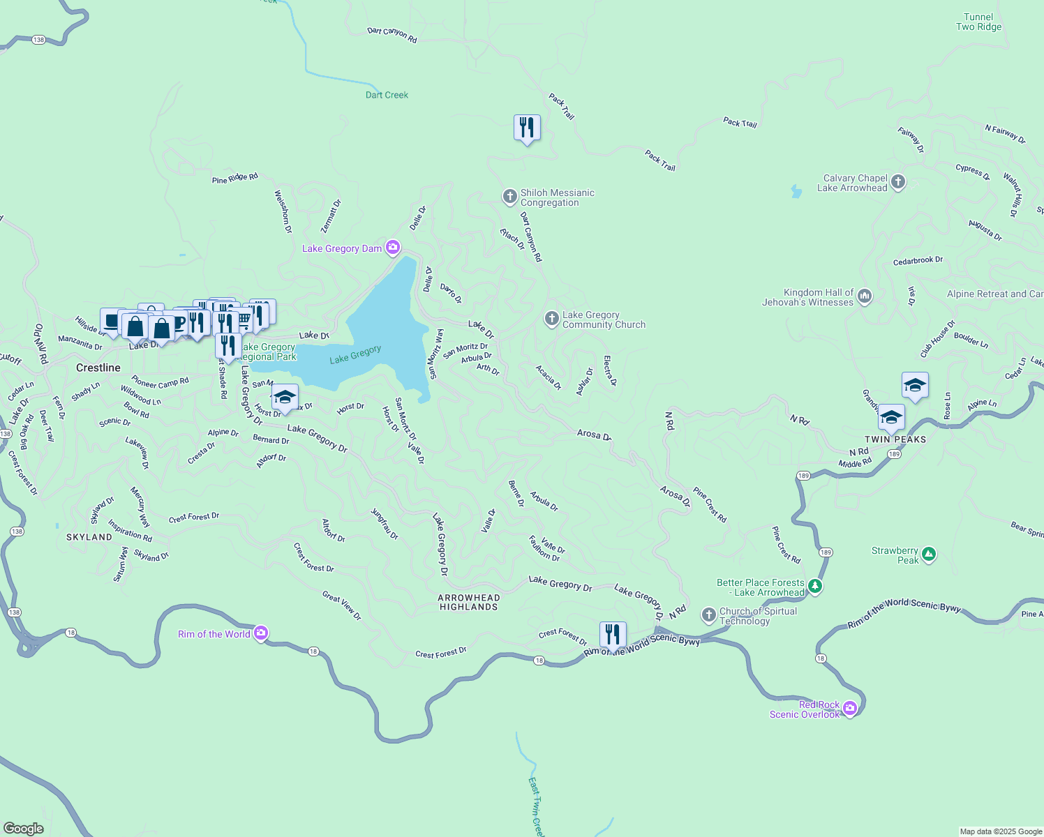 map of restaurants, bars, coffee shops, grocery stores, and more near 24910 Saxon Drive in Crestline