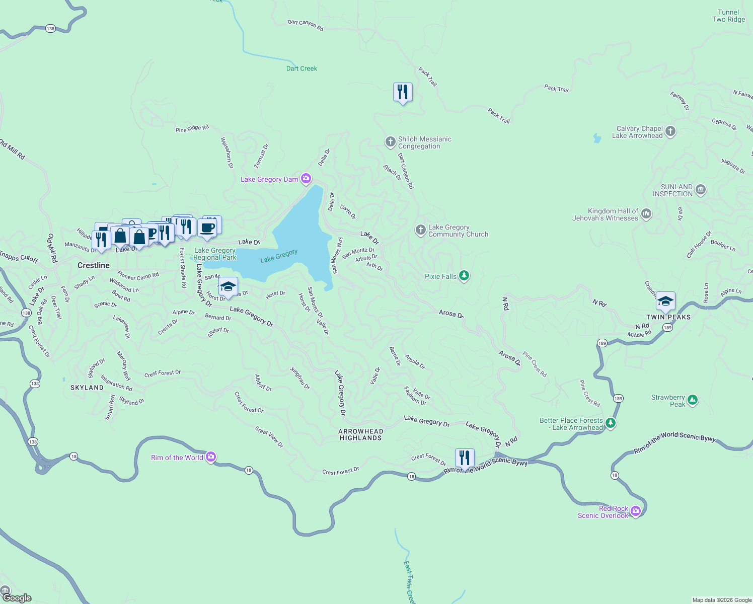 map of restaurants, bars, coffee shops, grocery stores, and more near Arbula Drive in Crestline