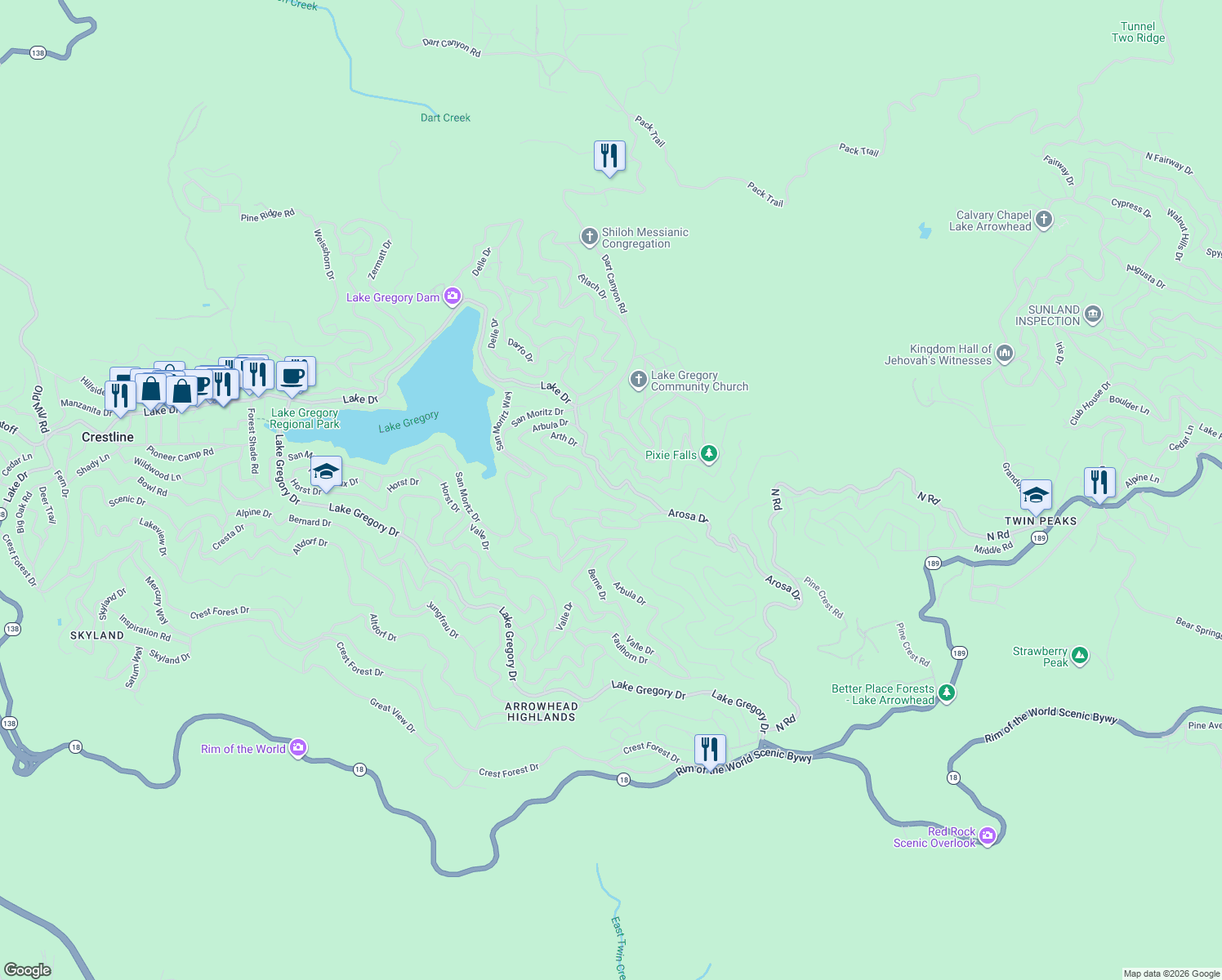 map of restaurants, bars, coffee shops, grocery stores, and more near 724 Arosa Drive in Crestline