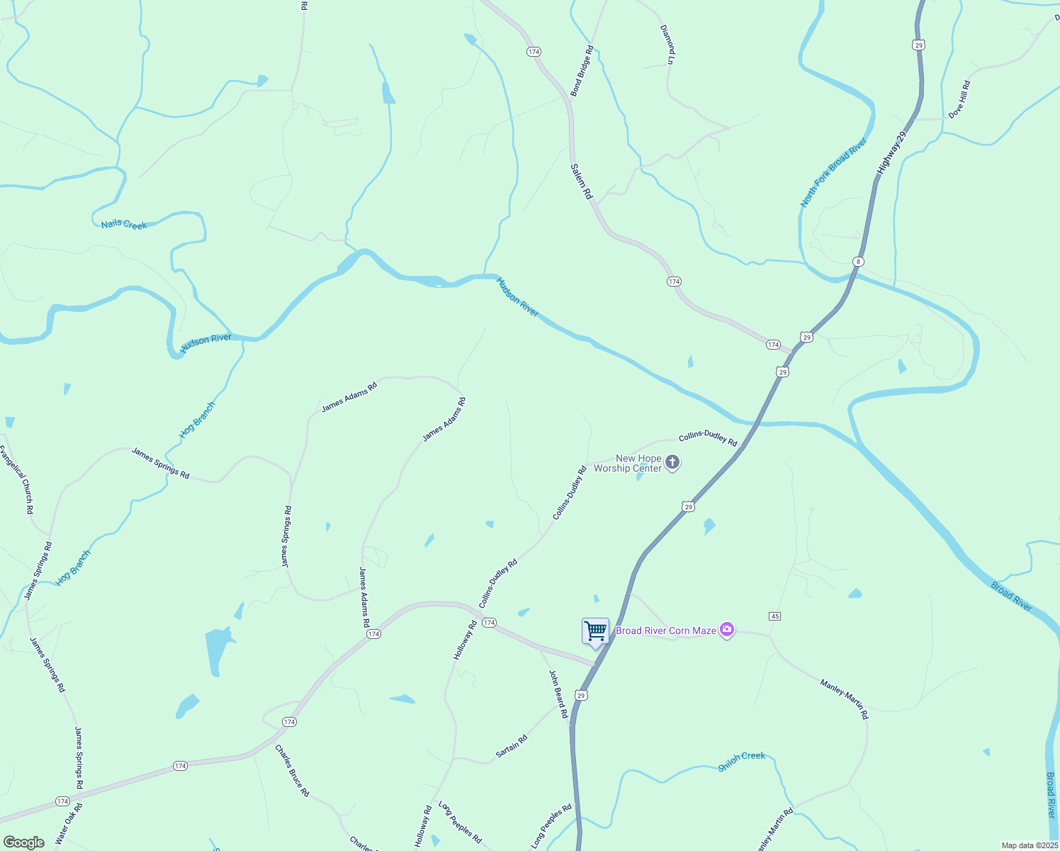 map of restaurants, bars, coffee shops, grocery stores, and more near 357 Collins-Dudley Road in Danielsville