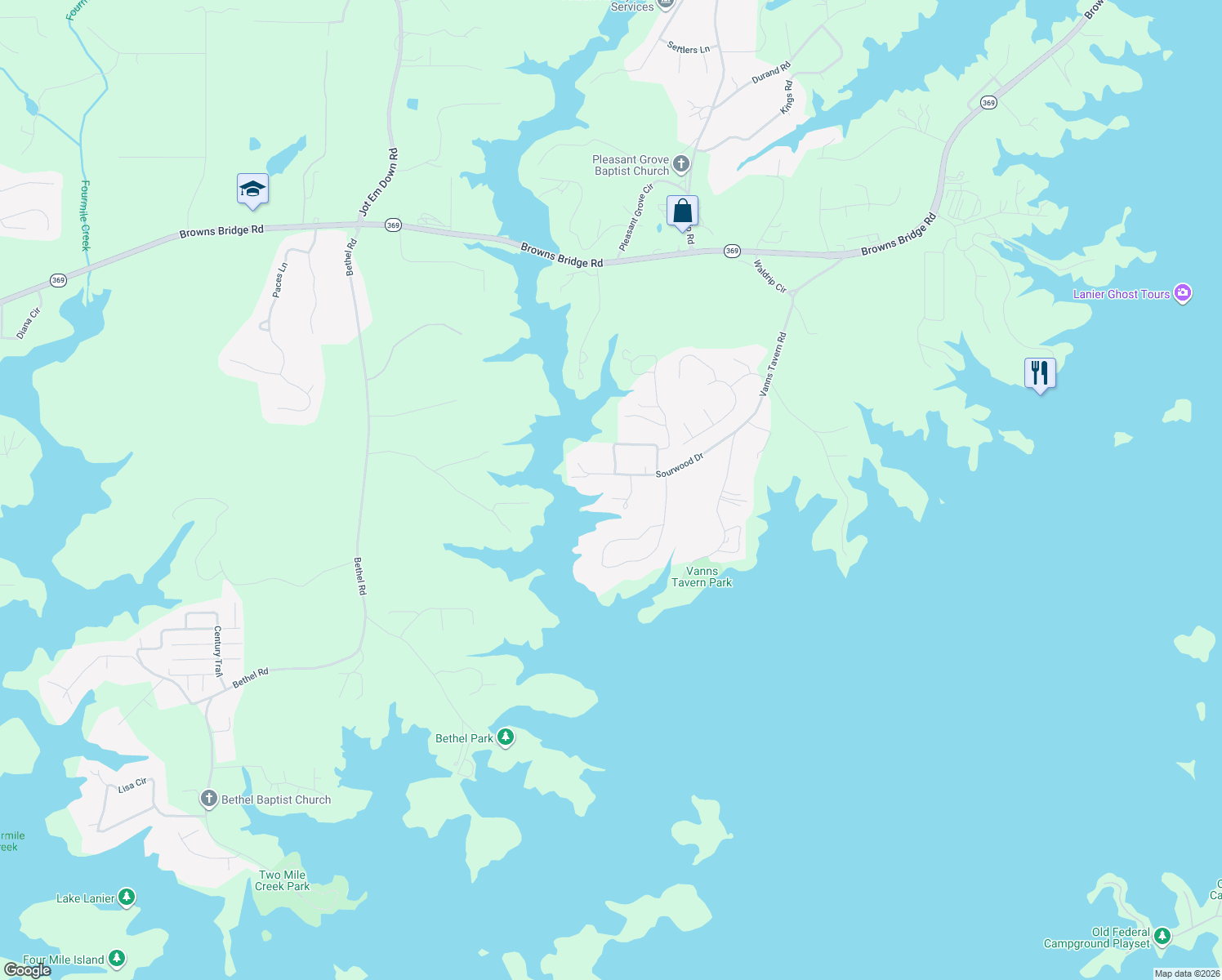 map of restaurants, bars, coffee shops, grocery stores, and more near 9135 Sourwood Drive in Gainesville