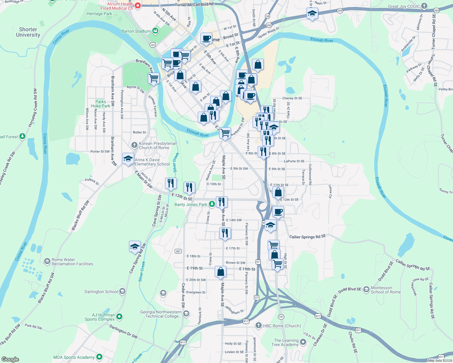 map of restaurants, bars, coffee shops, grocery stores, and more near 917 Maple Avenue Southwest in Rome
