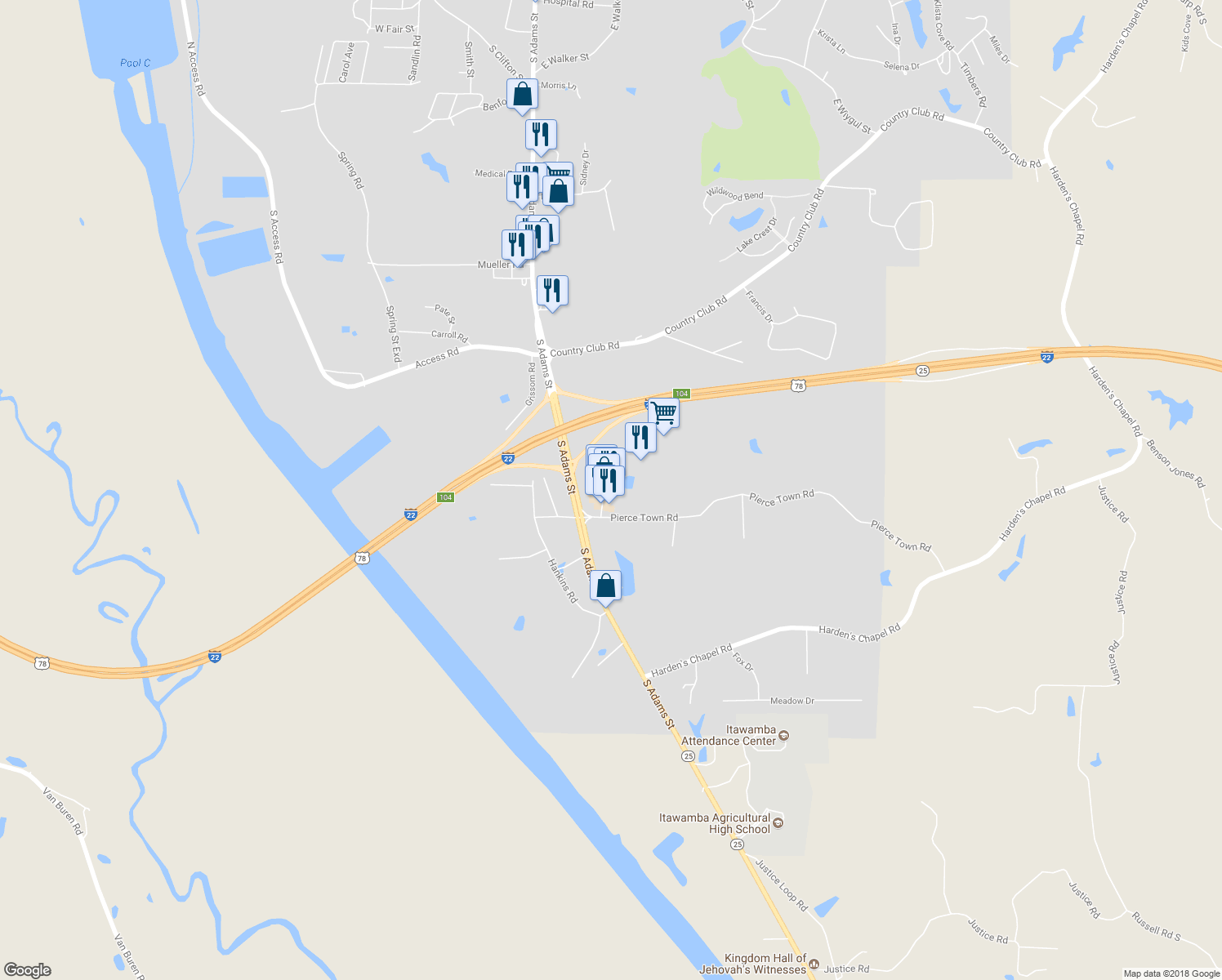 map of restaurants, bars, coffee shops, grocery stores, and more near 413 Interchange Drive in Fulton