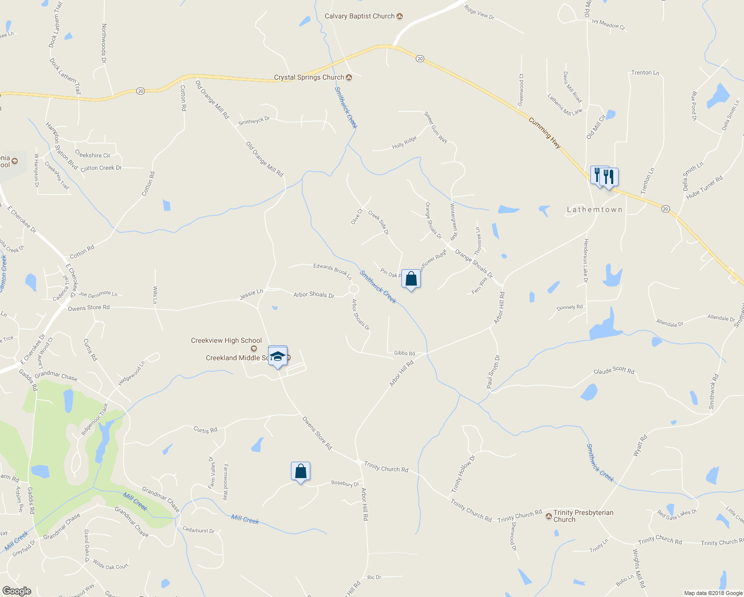 map of restaurants, bars, coffee shops, grocery stores, and more near 161 Arbor Shoals Drive in Canton