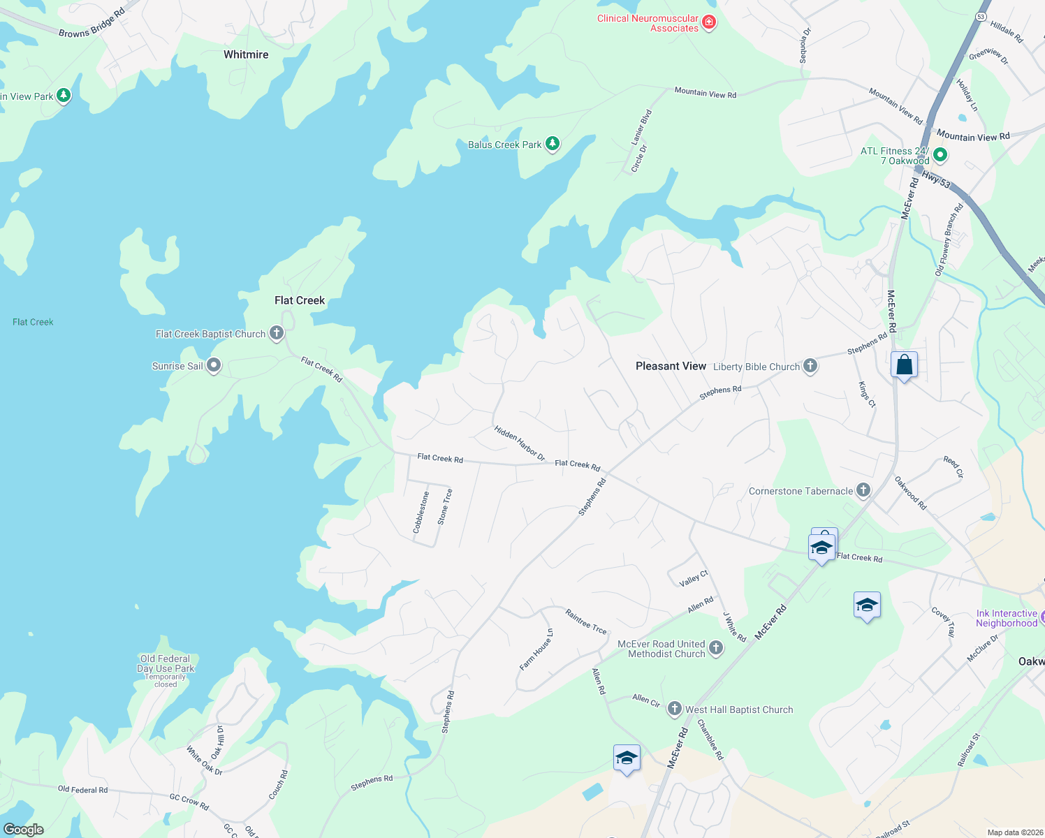 map of restaurants, bars, coffee shops, grocery stores, and more near 5210 Maplewood Lane in Gainesville