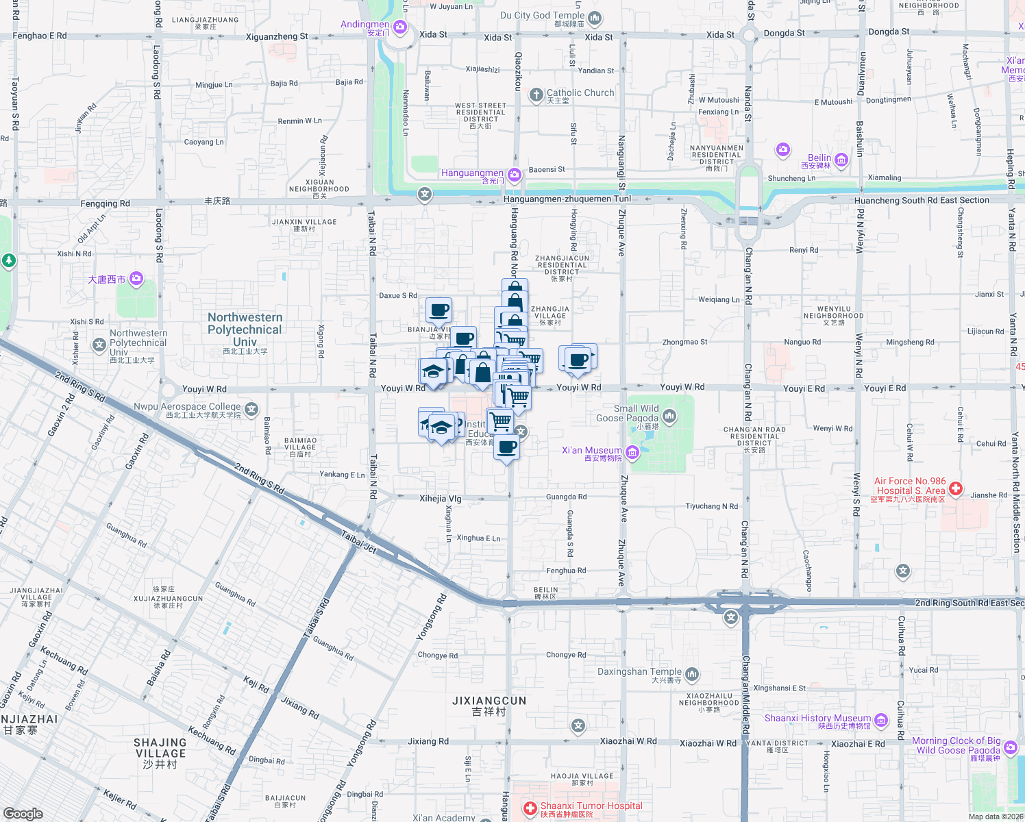 map of restaurants, bars, coffee shops, grocery stores, and more near Han Guang Lu in Xi An Shi