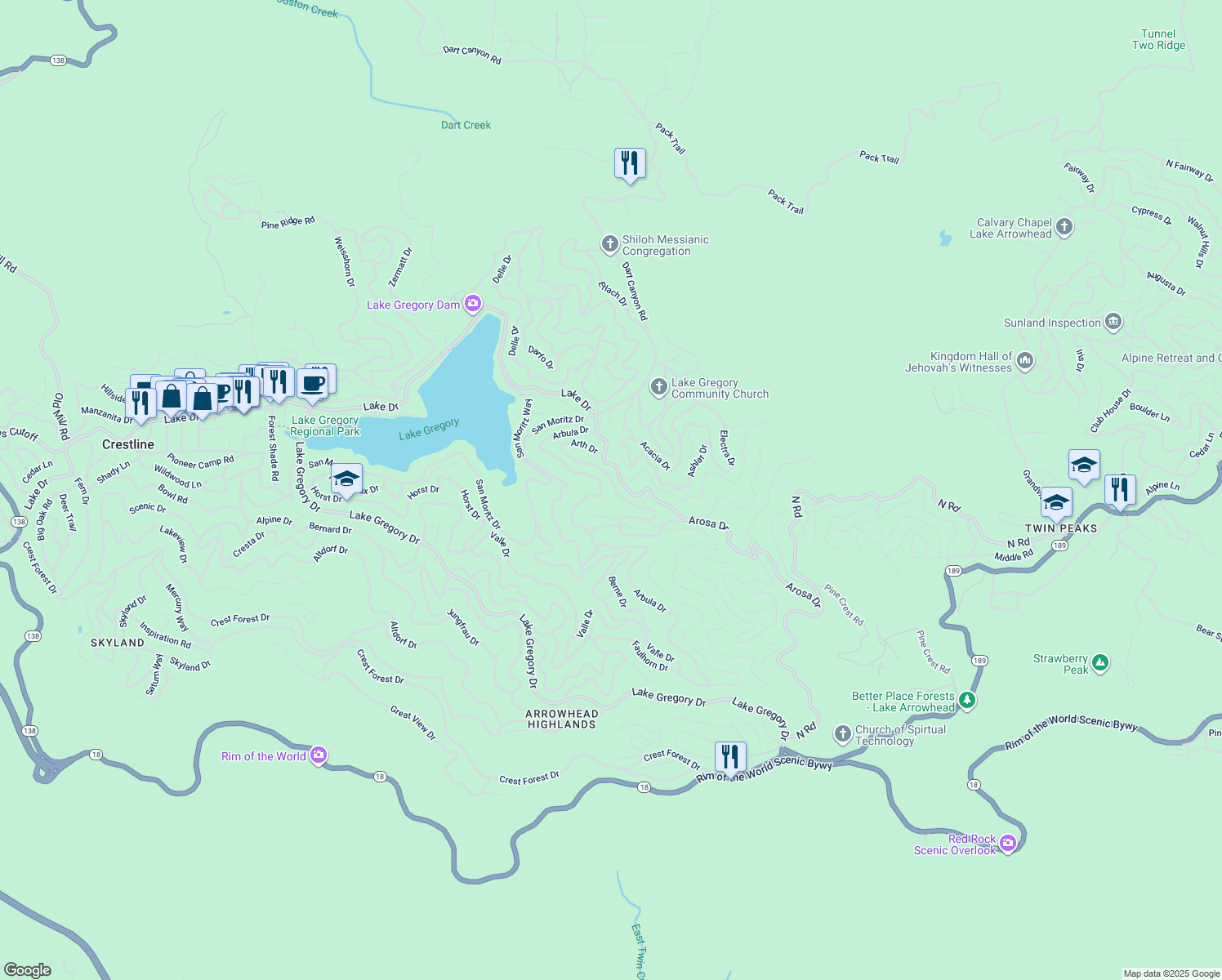 map of restaurants, bars, coffee shops, grocery stores, and more near 730 Arth Drive in Crestline