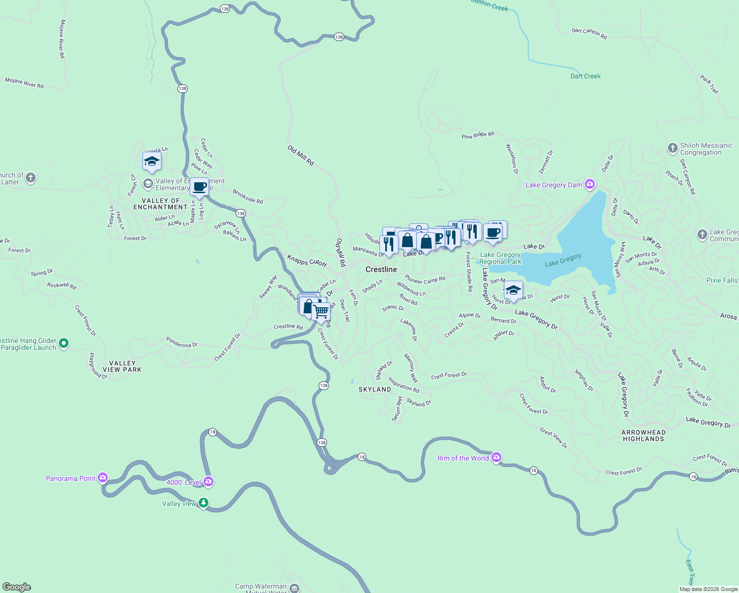 map of restaurants, bars, coffee shops, grocery stores, and more near 23698 Scenic Drive in Crestline