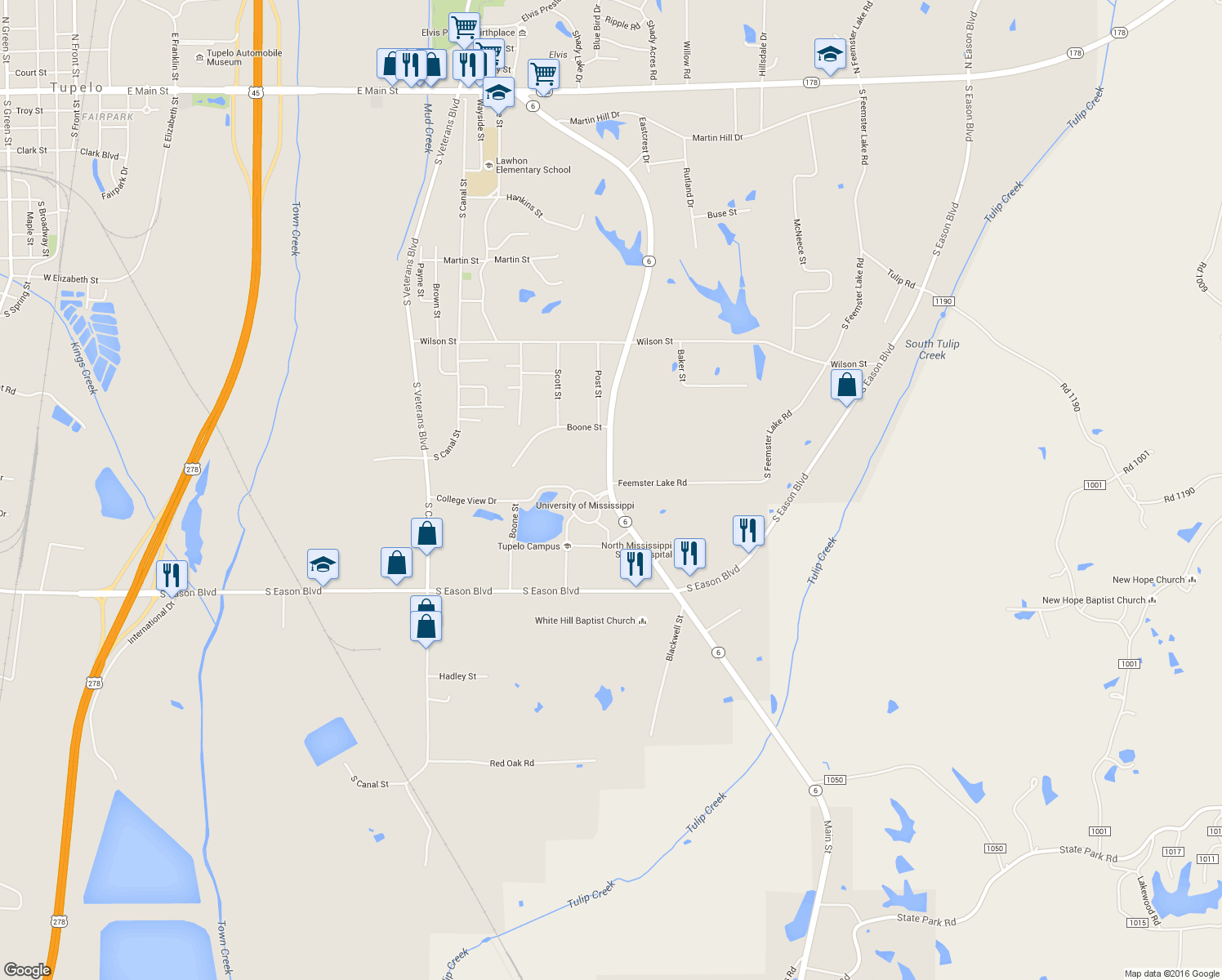 map of restaurants, bars, coffee shops, grocery stores, and more near 1921 Briar Ridge Road in Tupelo