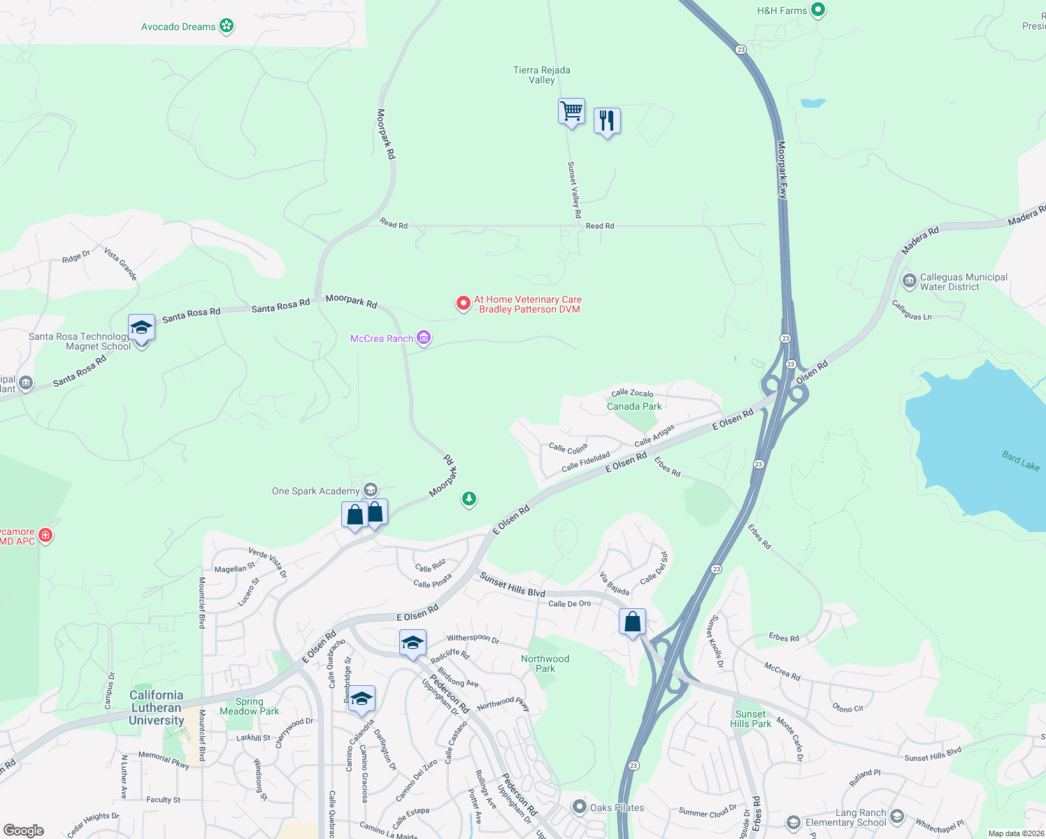 map of restaurants, bars, coffee shops, grocery stores, and more near 4378 Avenida Prado in Thousand Oaks