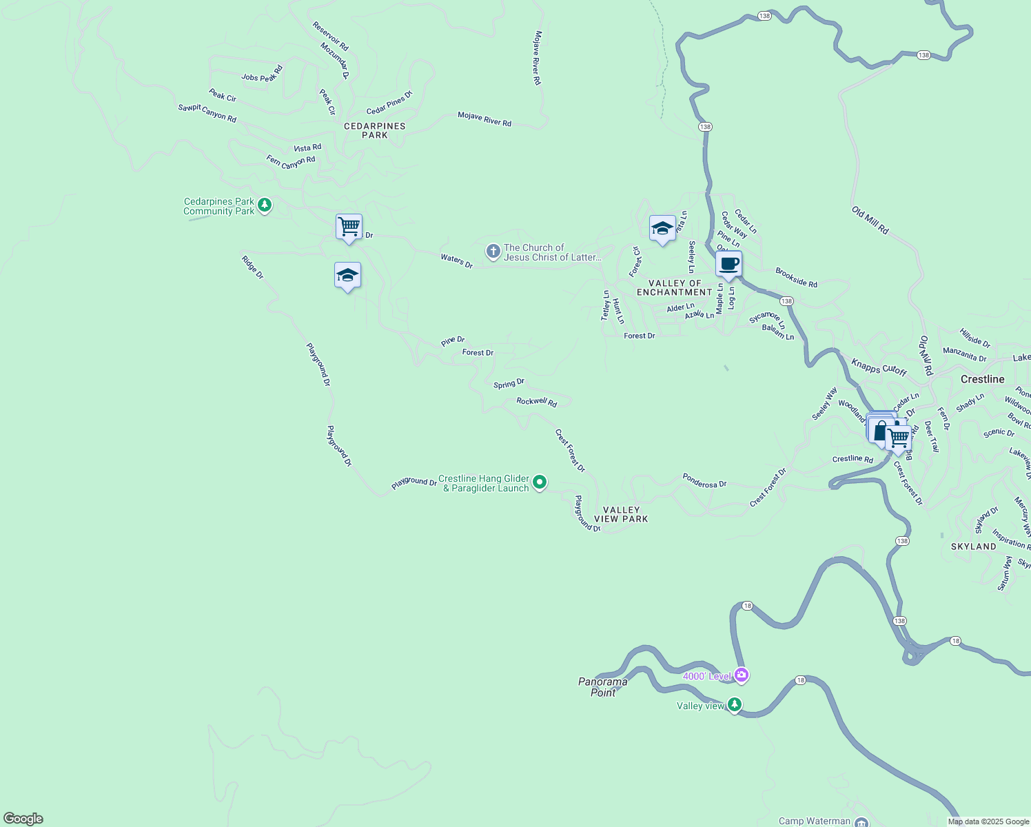 map of restaurants, bars, coffee shops, grocery stores, and more near 22384 Crest Forest Drive in Crestline