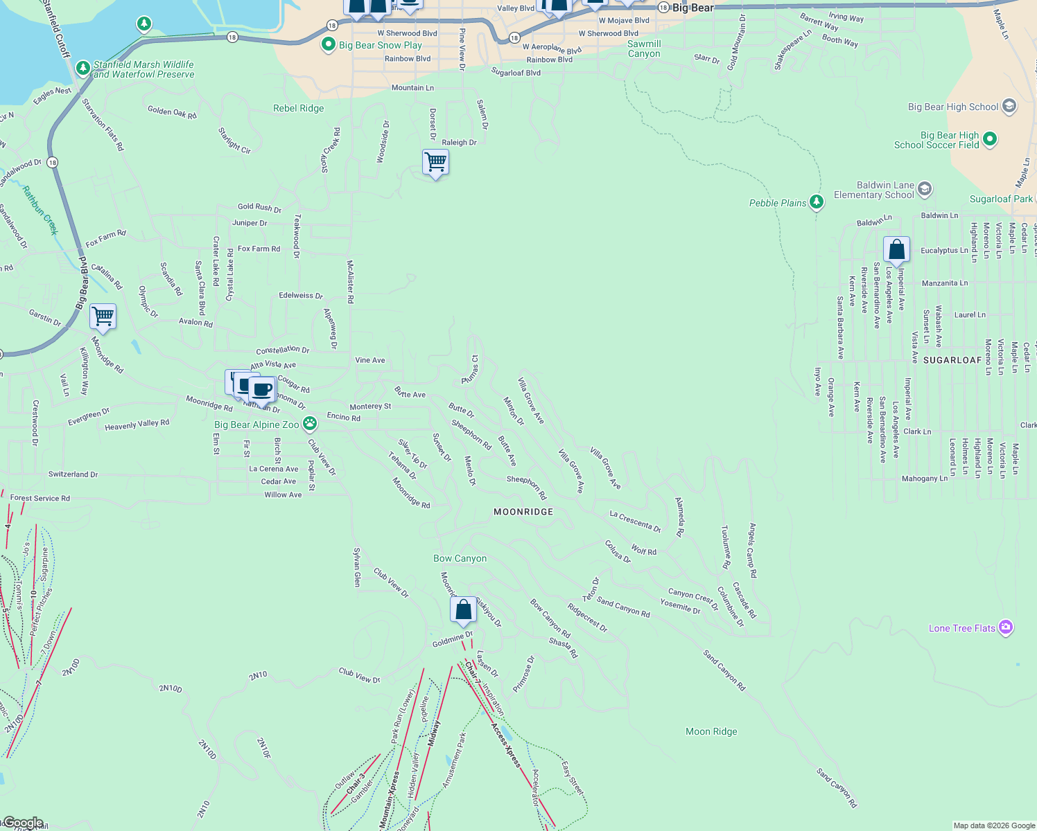 map of restaurants, bars, coffee shops, grocery stores, and more near 1180 Minton Avenue in Big Bear
