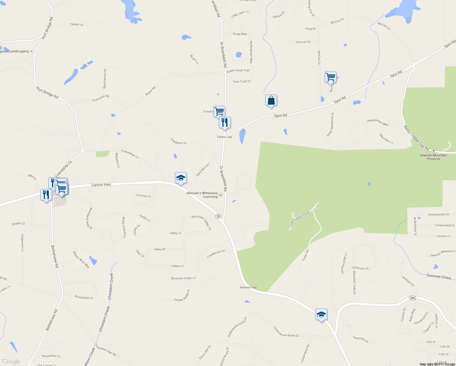 map of restaurants, bars, coffee shops, grocery stores, and more near 1550 Doctor Bramblett Road in Cumming