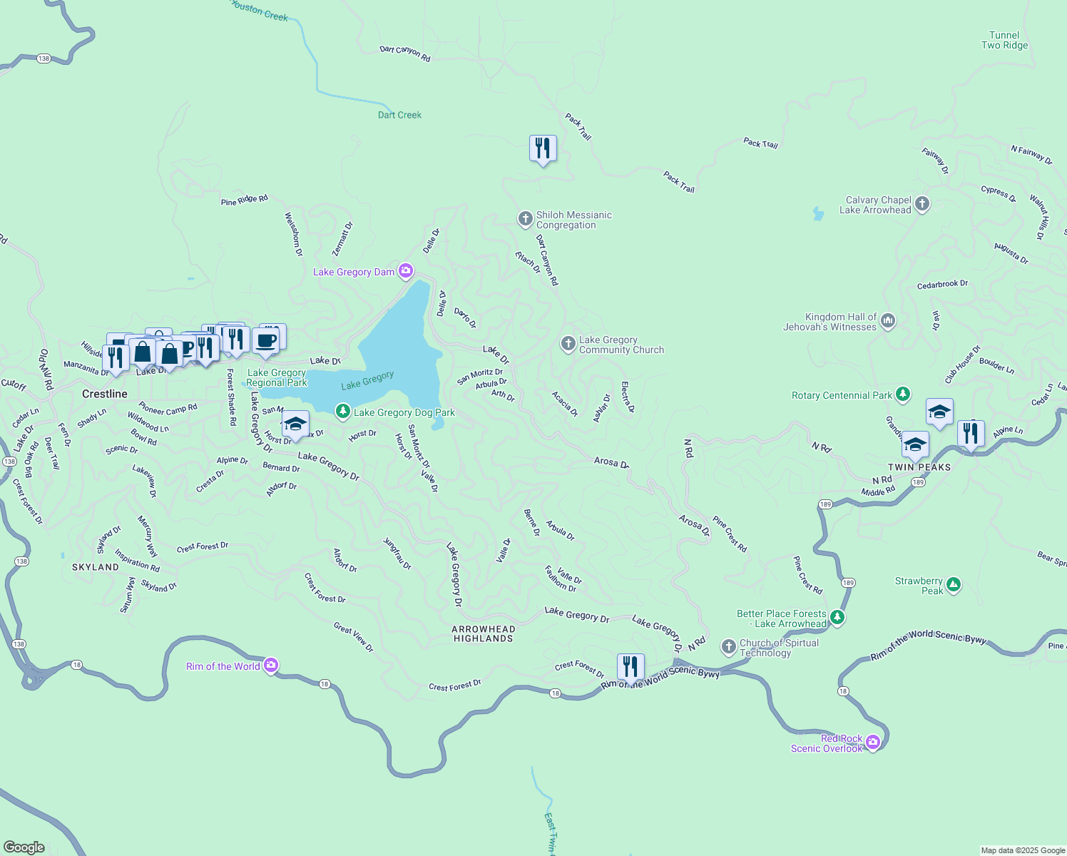 map of restaurants, bars, coffee shops, grocery stores, and more near 709 Arosa Drive in Crestline