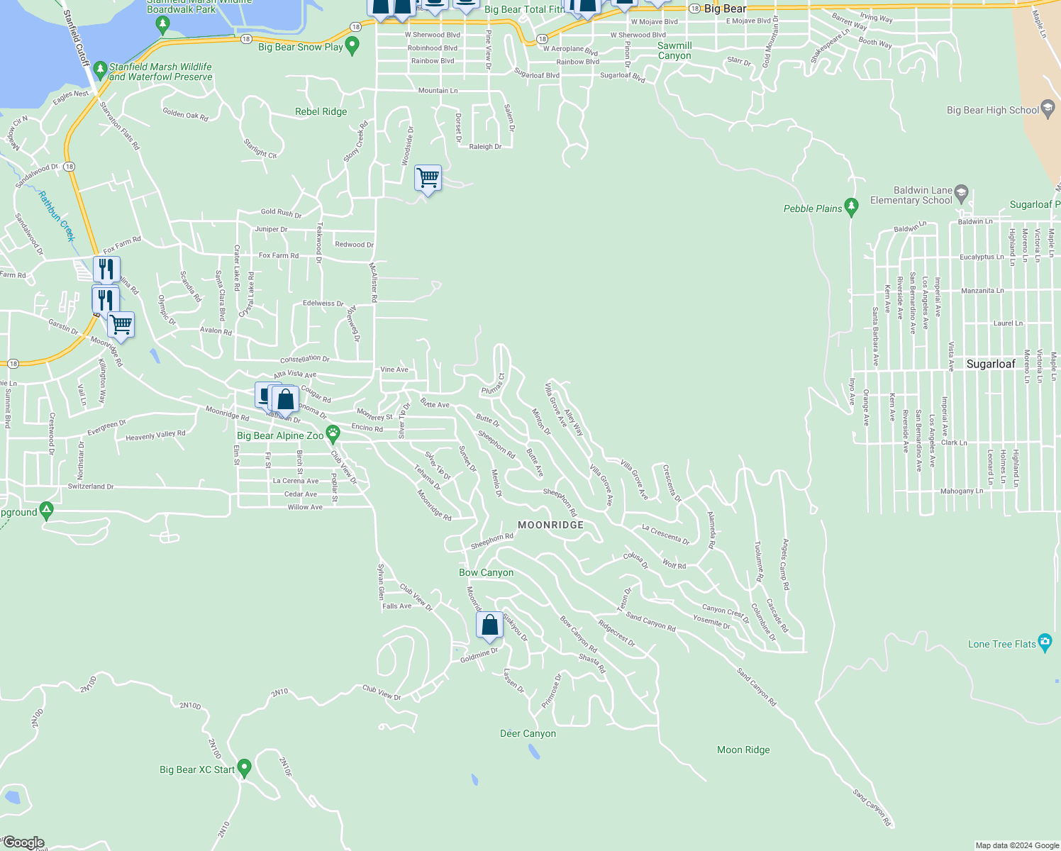 map of restaurants, bars, coffee shops, grocery stores, and more near 712 Villa Grove Avenue in Big Bear
