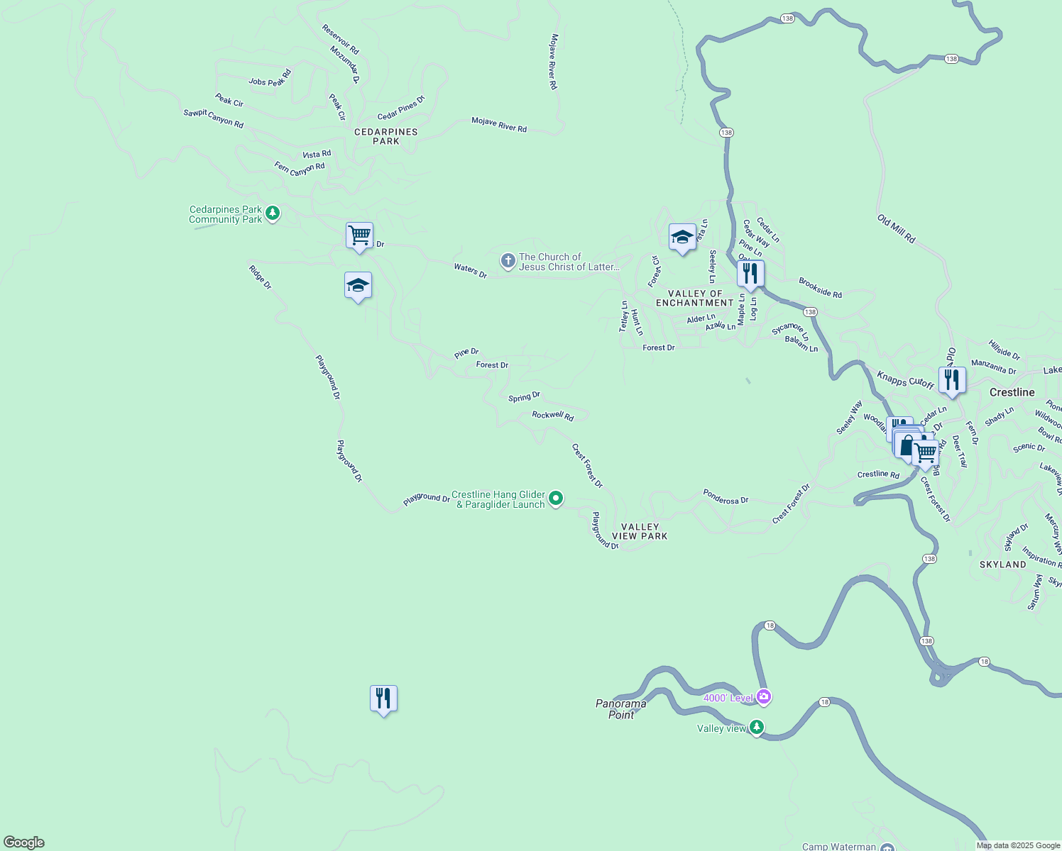 map of restaurants, bars, coffee shops, grocery stores, and more near 22384 Crest Forest Drive in Crestline