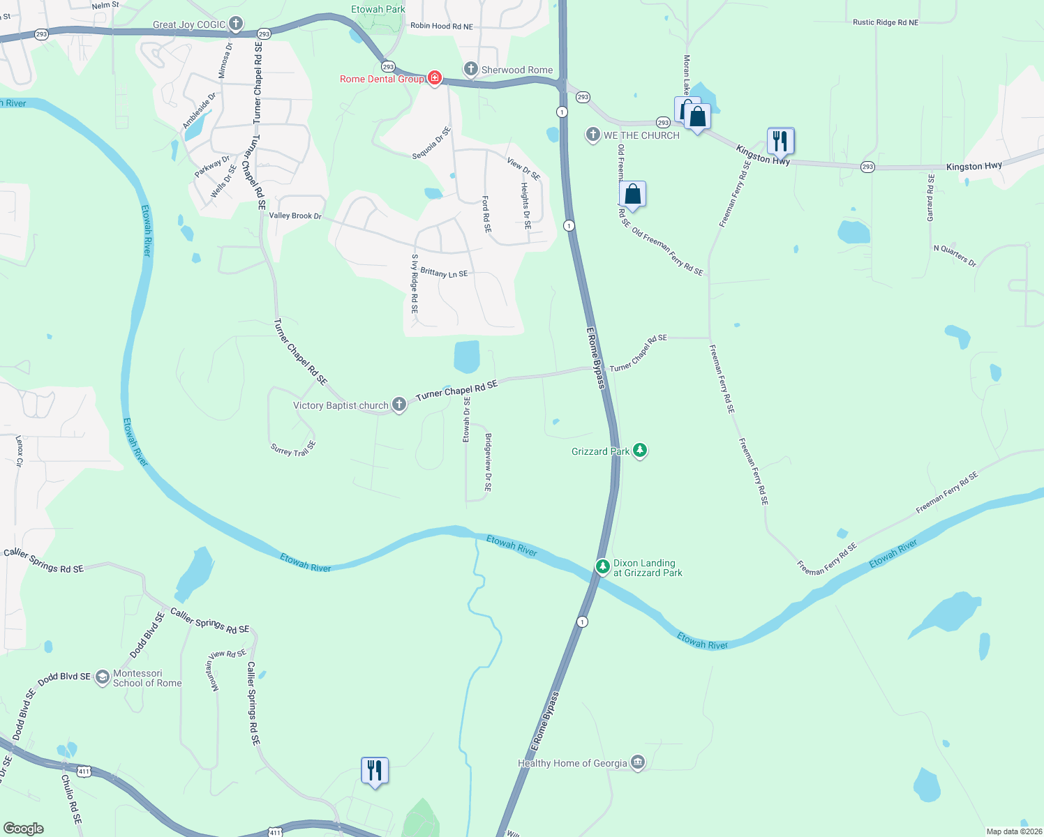 map of restaurants, bars, coffee shops, grocery stores, and more near 70 Tate Estates Road Southeast in Rome