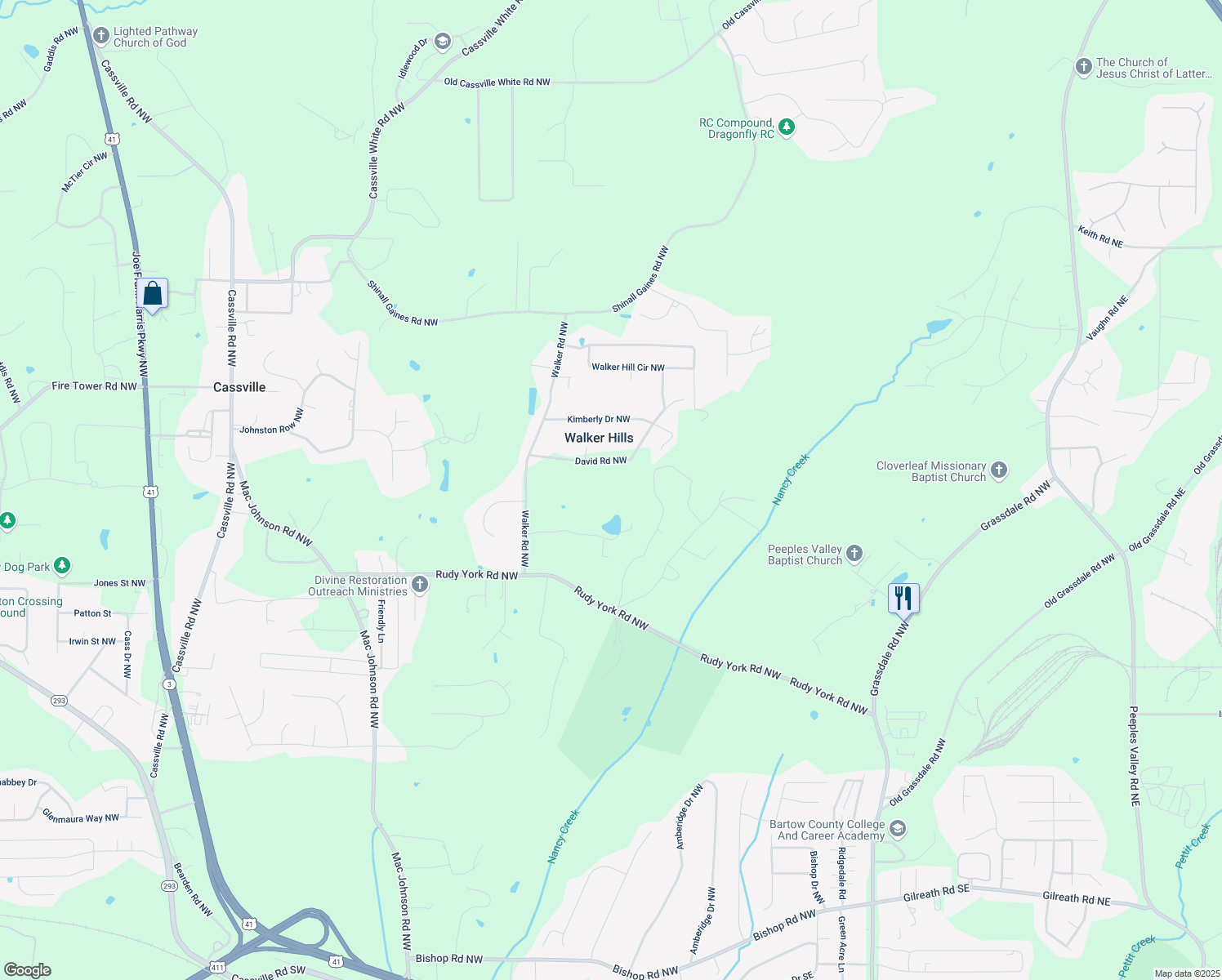 map of restaurants, bars, coffee shops, grocery stores, and more near 26 David Road Northwest in Cartersville