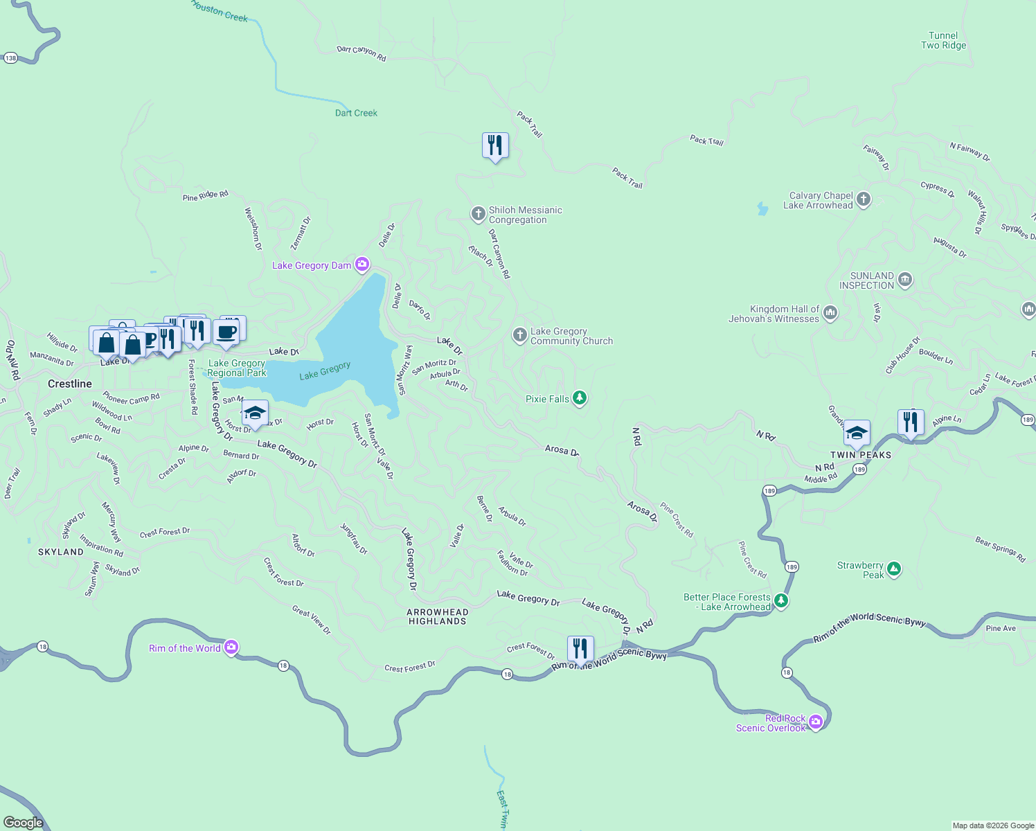map of restaurants, bars, coffee shops, grocery stores, and more near 24998 Jewel Drive in Crestline