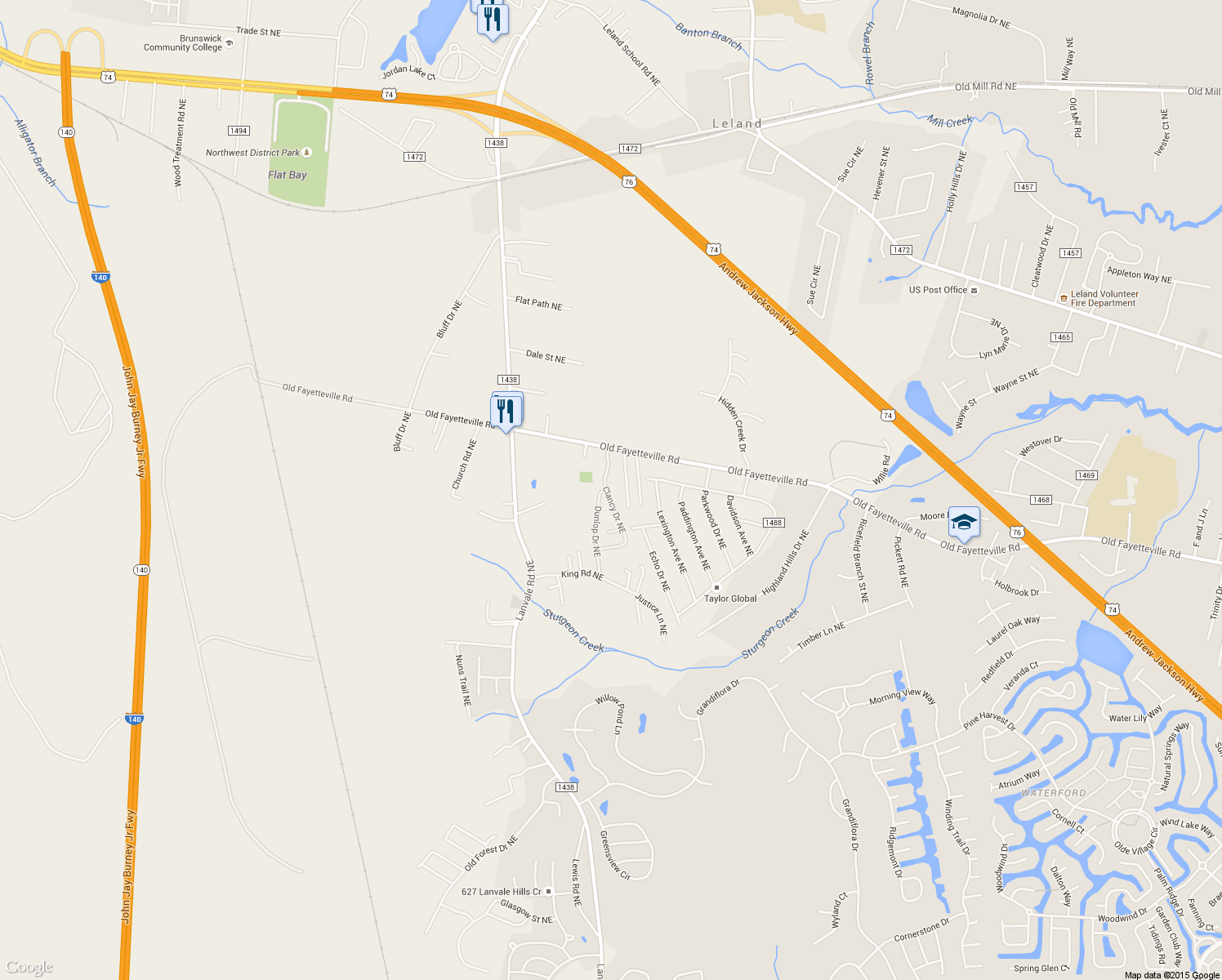 map of restaurants, bars, coffee shops, grocery stores, and more near 1294 Clancy Drive Northeast in Leland