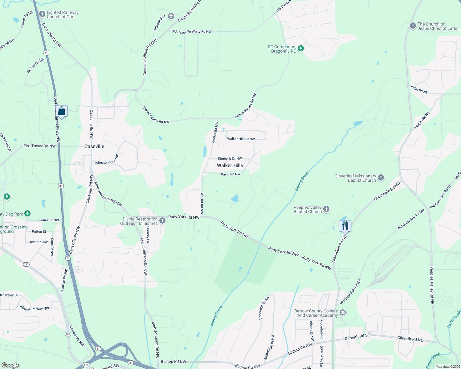 map of restaurants, bars, coffee shops, grocery stores, and more near 26 David Road Northwest in Cartersville