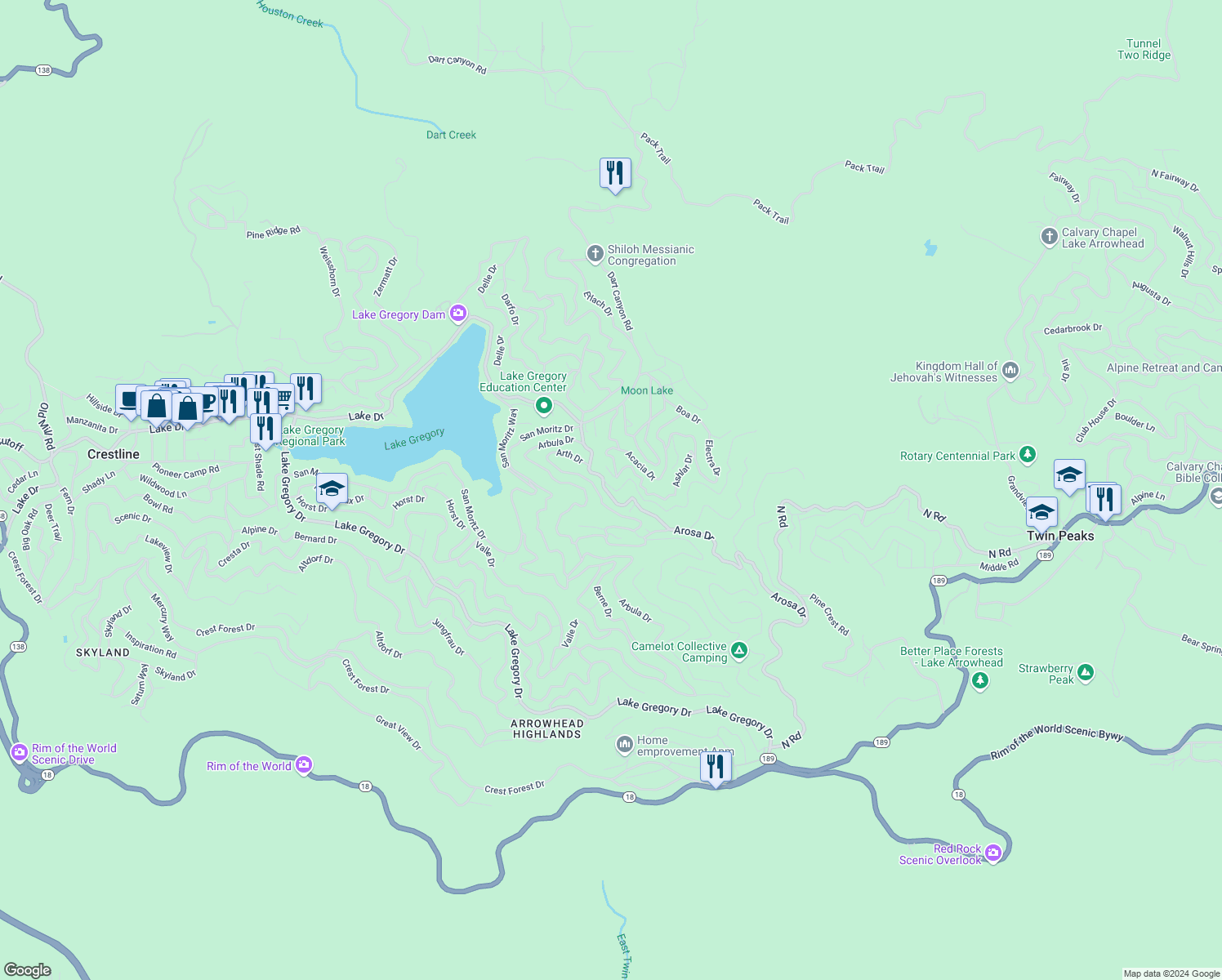 map of restaurants, bars, coffee shops, grocery stores, and more near 709 Arosa Drive in Crestline