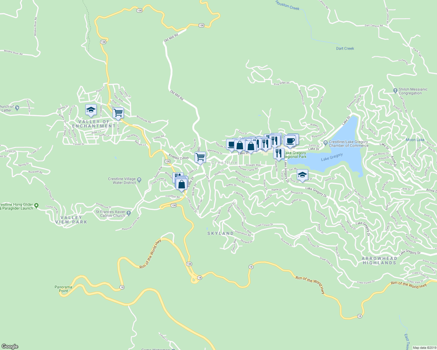 map of restaurants, bars, coffee shops, grocery stores, and more near 23697 Bowl Road in Crestline