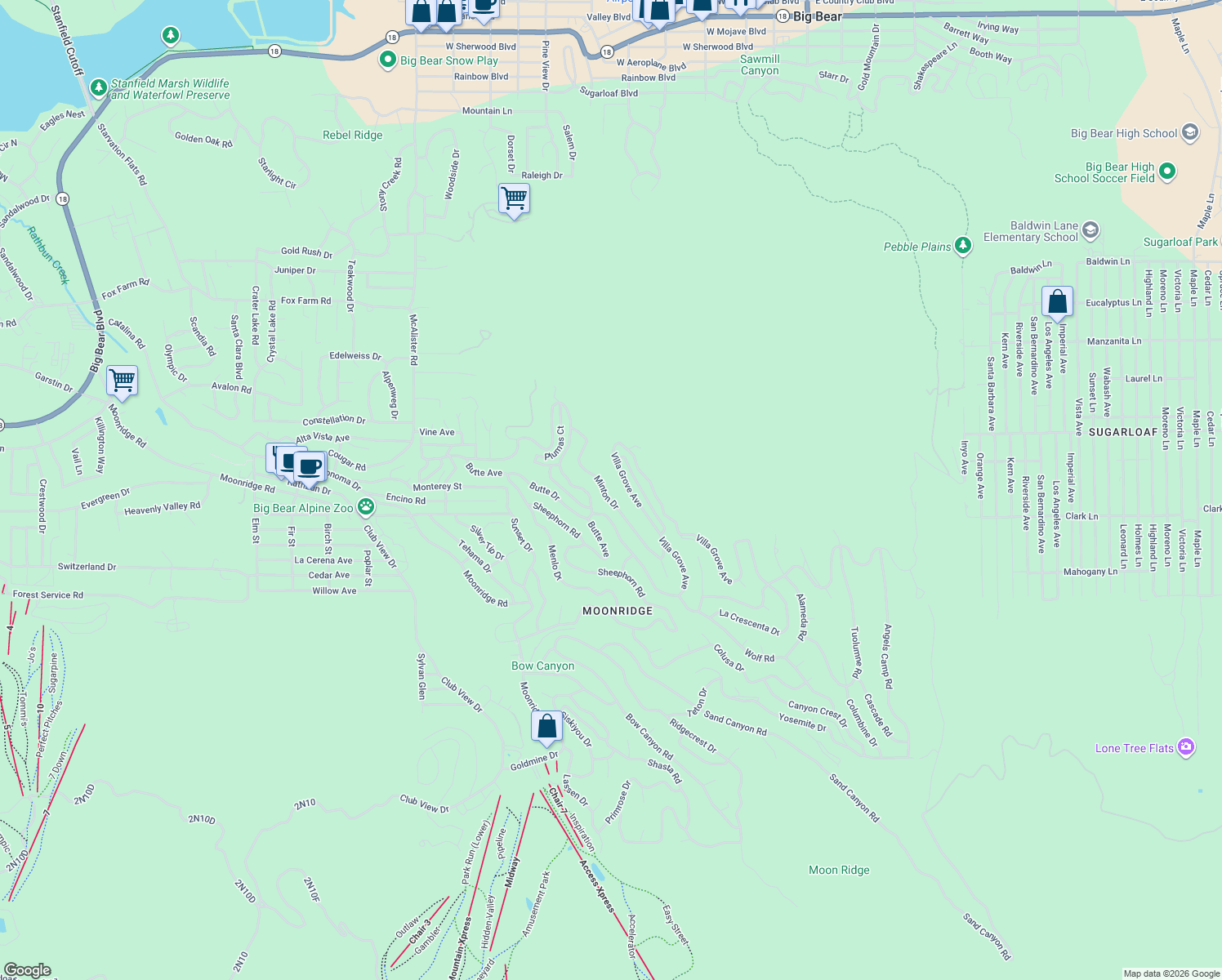 map of restaurants, bars, coffee shops, grocery stores, and more near 1180 Minton Avenue in Big Bear