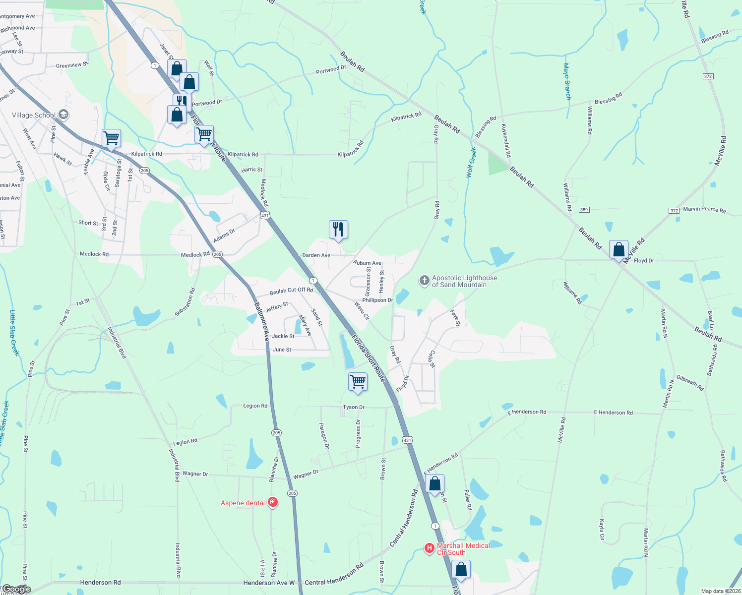 map of restaurants, bars, coffee shops, grocery stores, and more near 101 Graceson Street in Albertville
