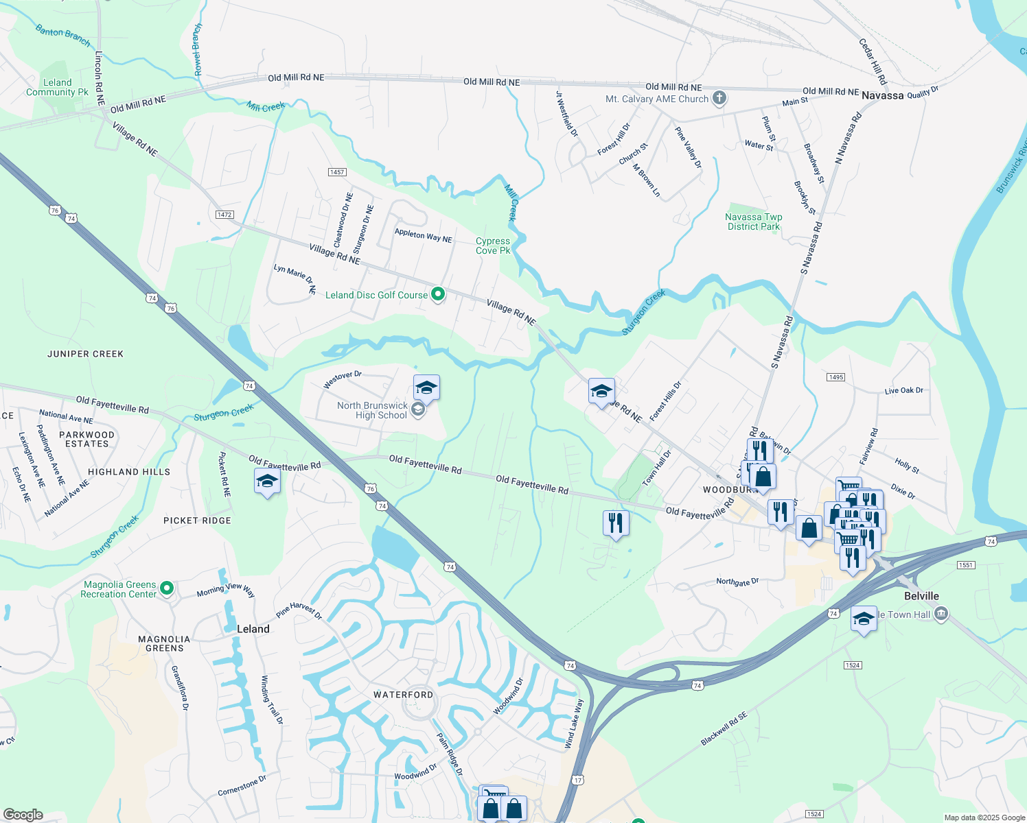 map of restaurants, bars, coffee shops, grocery stores, and more near 198 John Sneed Lane in Leland