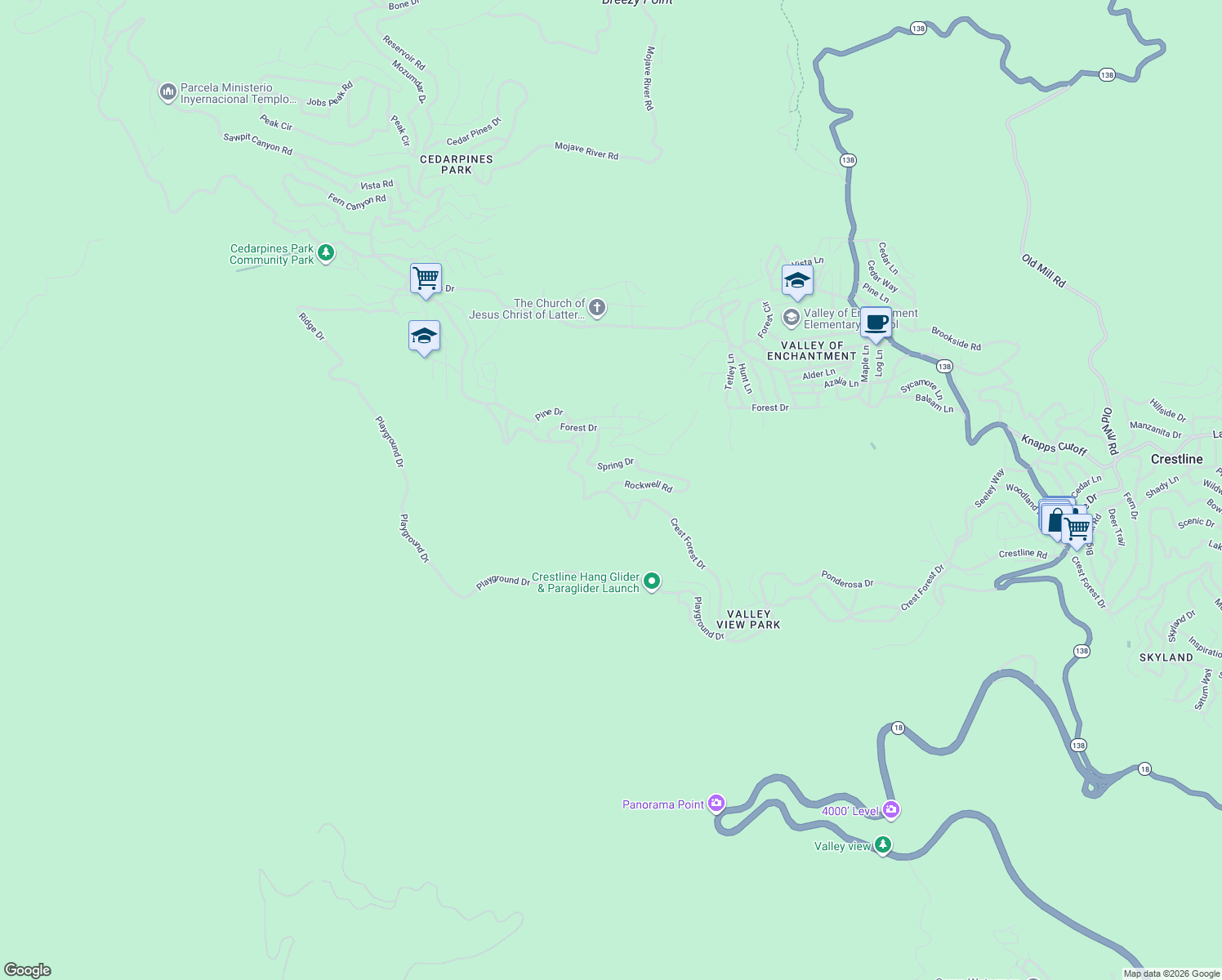 map of restaurants, bars, coffee shops, grocery stores, and more near 22360 Crest Forest Drive in Crestline
