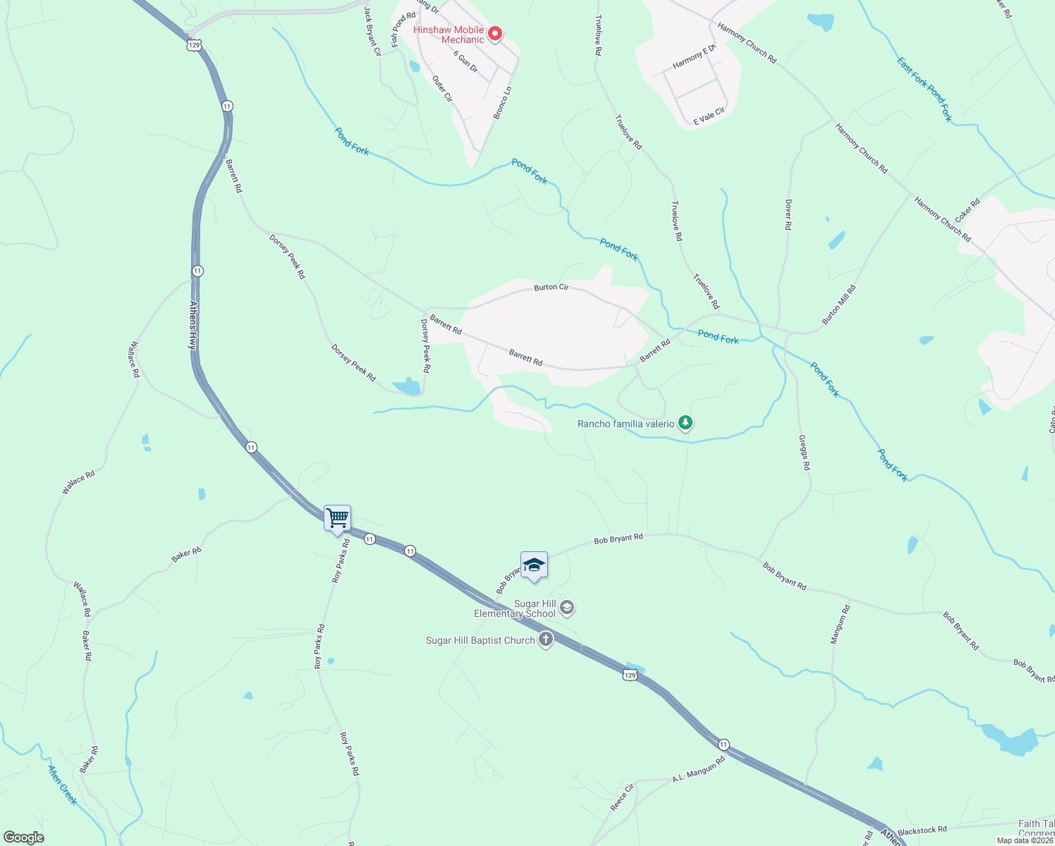 map of restaurants, bars, coffee shops, grocery stores, and more near 3575 Pennington Trail in Gainesville