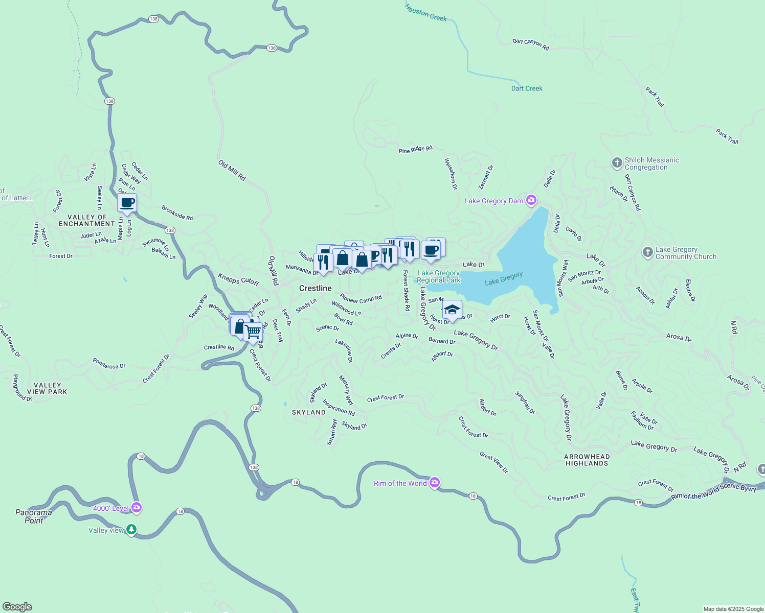 map of restaurants, bars, coffee shops, grocery stores, and more near 23986 Wildwood Lane in Crestline