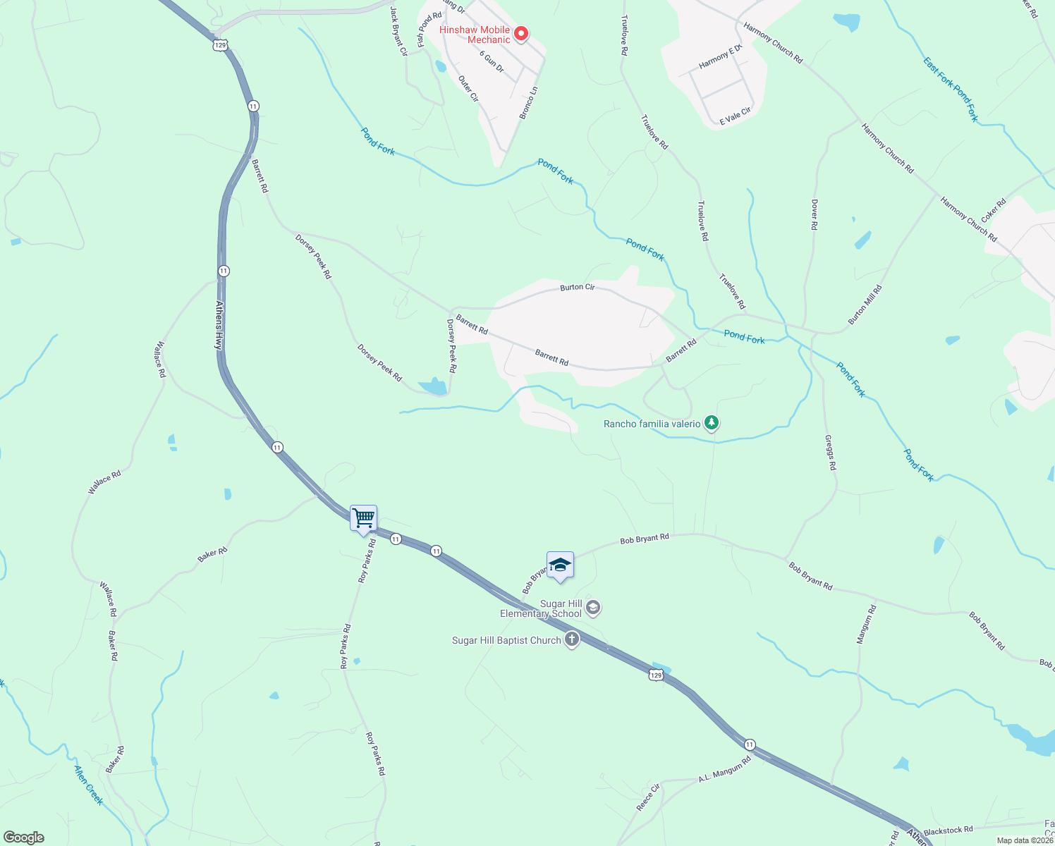 map of restaurants, bars, coffee shops, grocery stores, and more near 3593 Pennington Trail in Gainesville