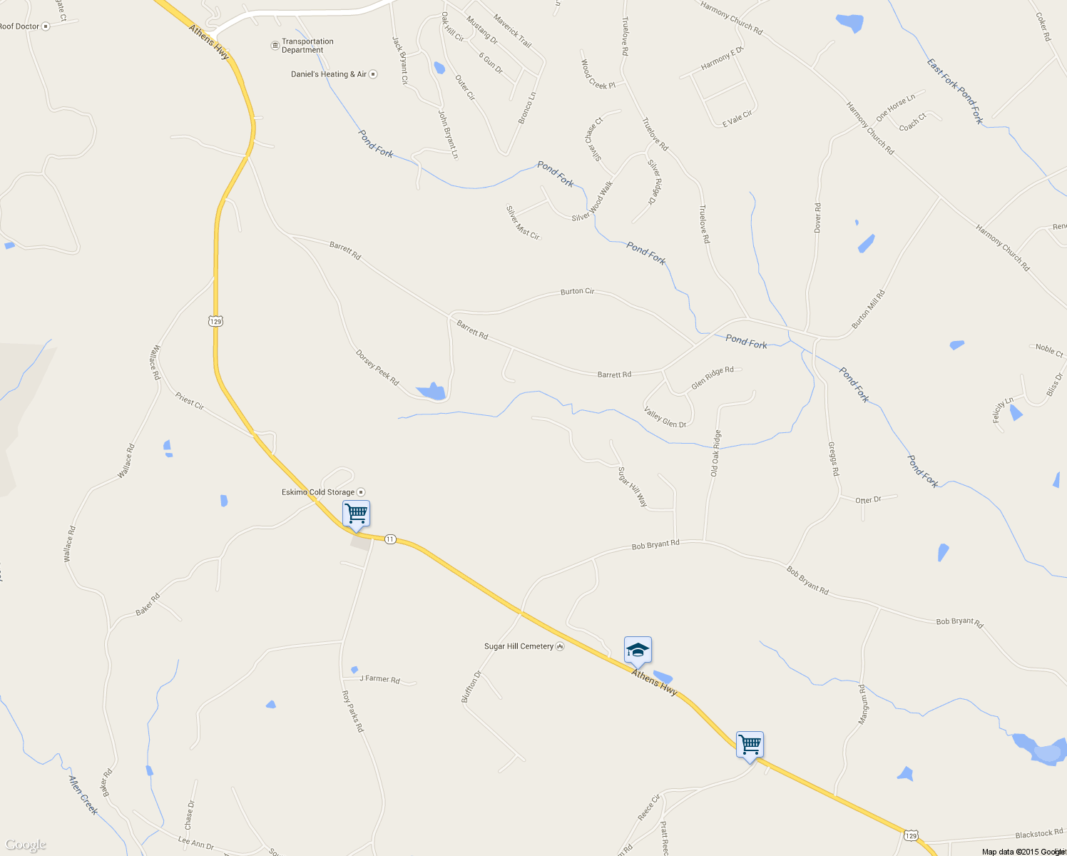 map of restaurants, bars, coffee shops, grocery stores, and more near 3593 Pennington Trail in Gainesville