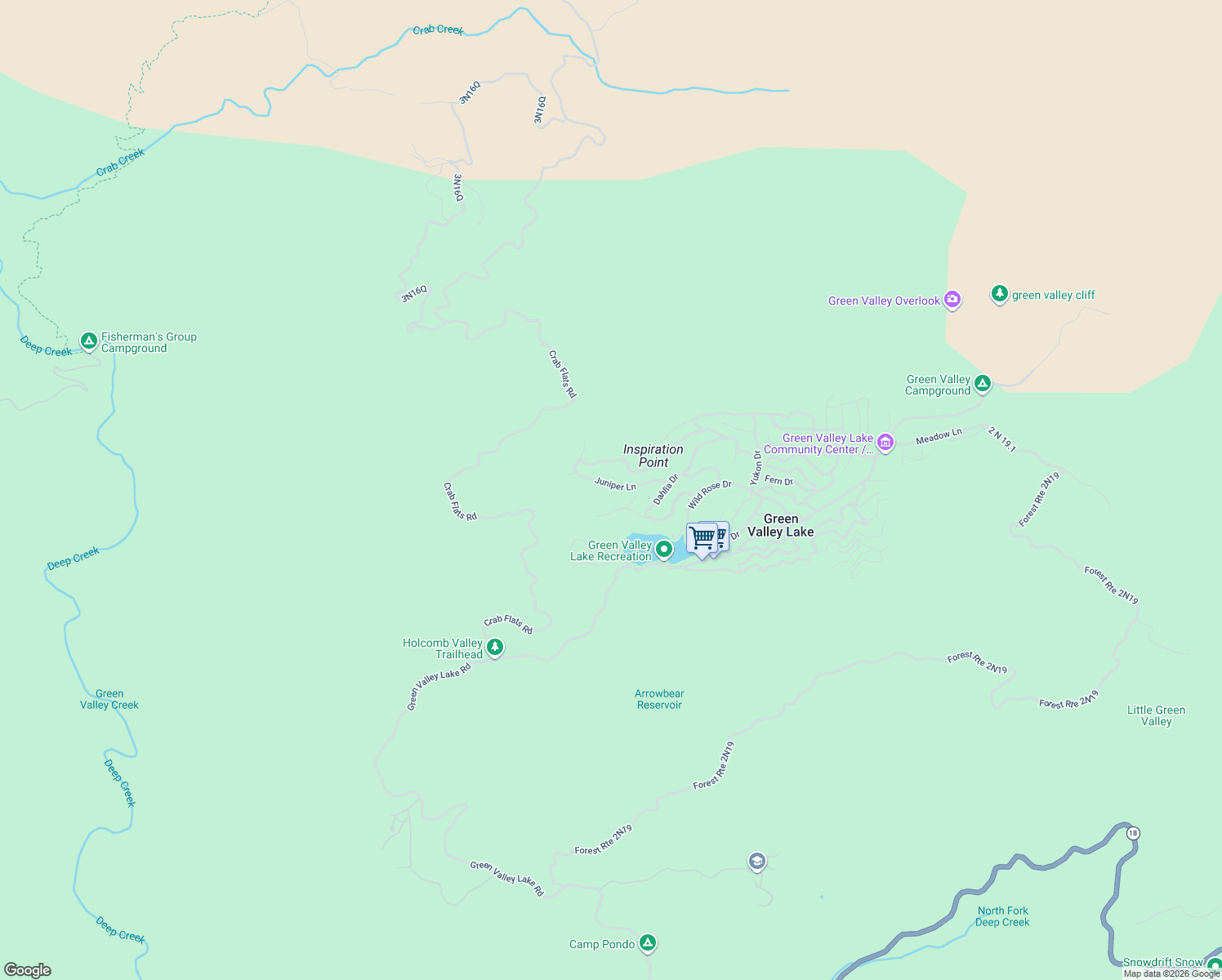 map of restaurants, bars, coffee shops, grocery stores, and more near 33003 Juniper Lane in Green Valley Lake