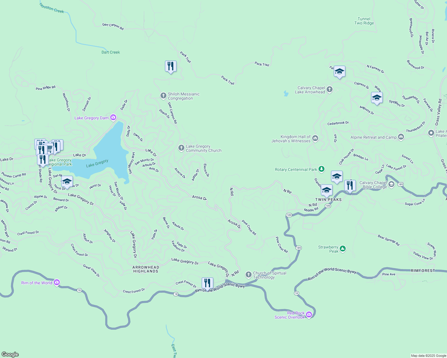 map of restaurants, bars, coffee shops, grocery stores, and more near Chillon Drive in Crestline