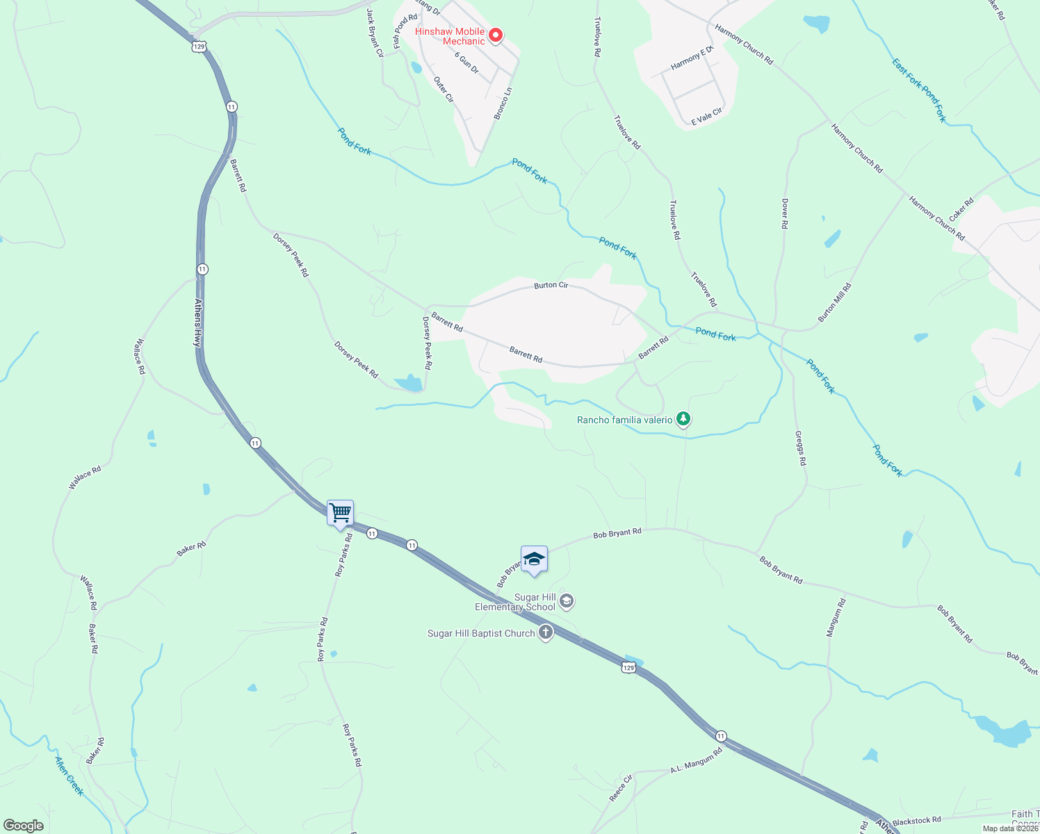 map of restaurants, bars, coffee shops, grocery stores, and more near 3575 Pennington Trail in Gainesville