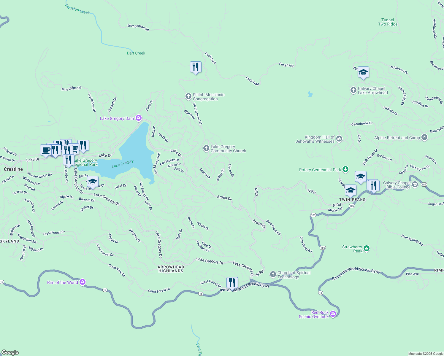 map of restaurants, bars, coffee shops, grocery stores, and more near 25126 Jewel Drive in Crestline