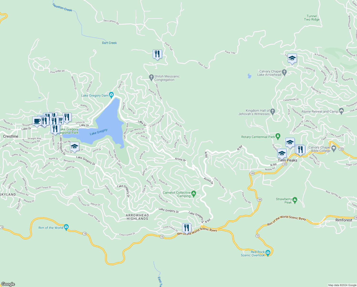 map of restaurants, bars, coffee shops, grocery stores, and more near 25126 Jewel Drive in Crestline
